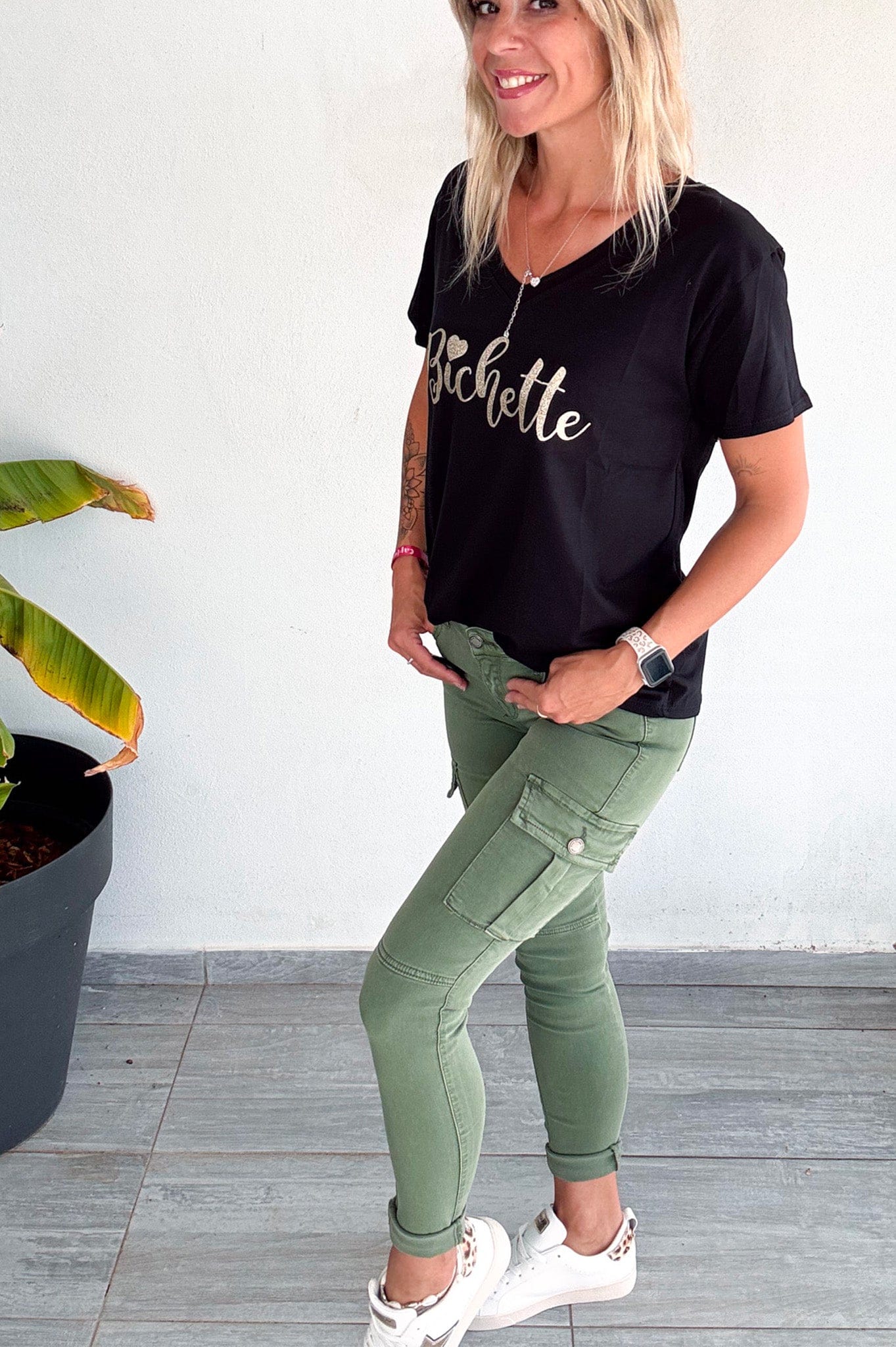 Skinny cargo kaki femme