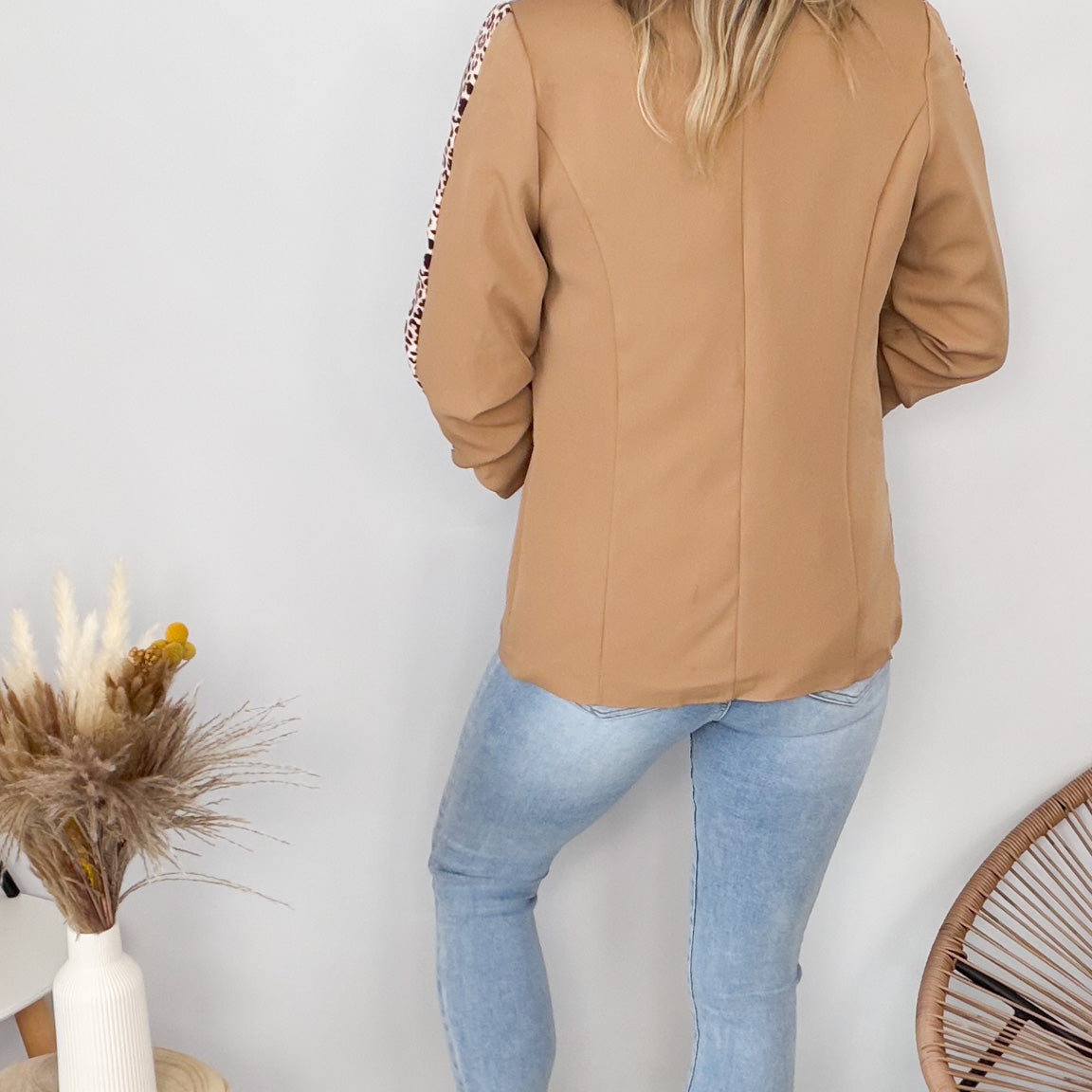 Blazer camel bande léopard mi-long femme