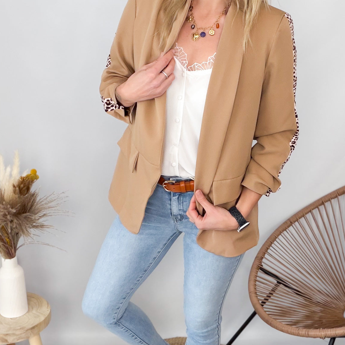 Blazer camel bande léopard mi-long, col chale