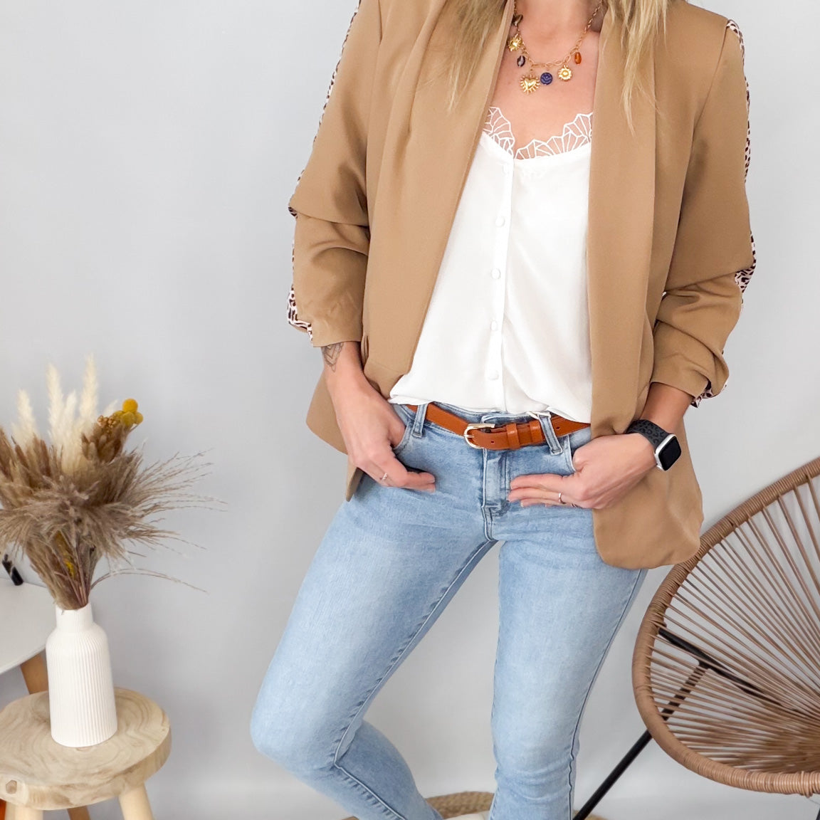 Blazer camel bande léopard mi-long femme