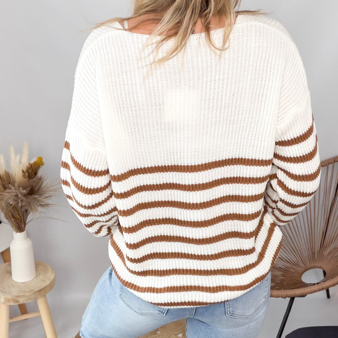 Pull marinière écru / camel femme