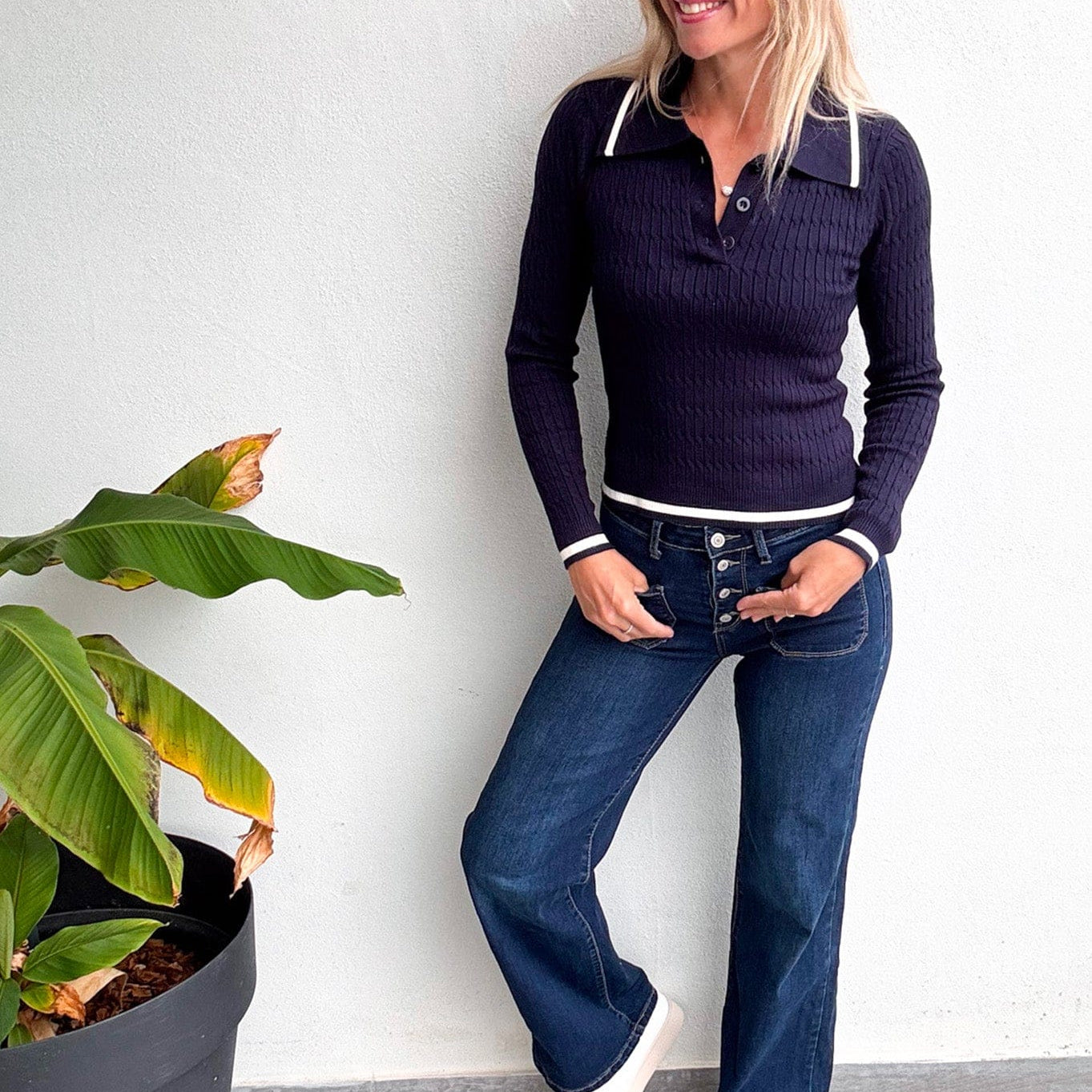 Pull fin marine avec col à revers femme