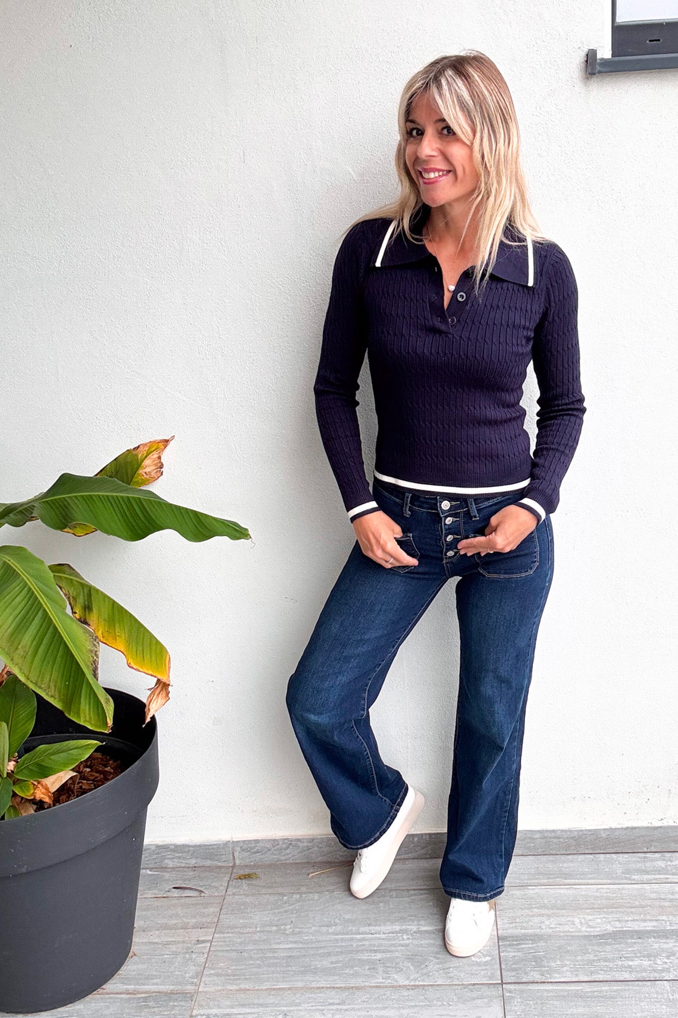 Pull fin marine avec col à revers femme