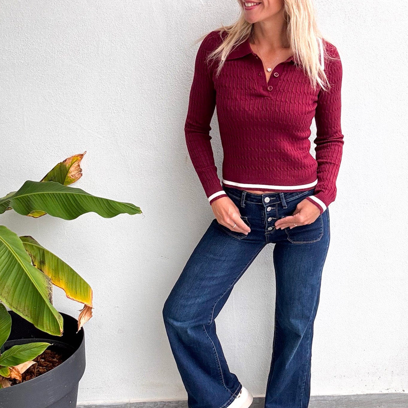 Pull fin bordeaux avec col à revers femme