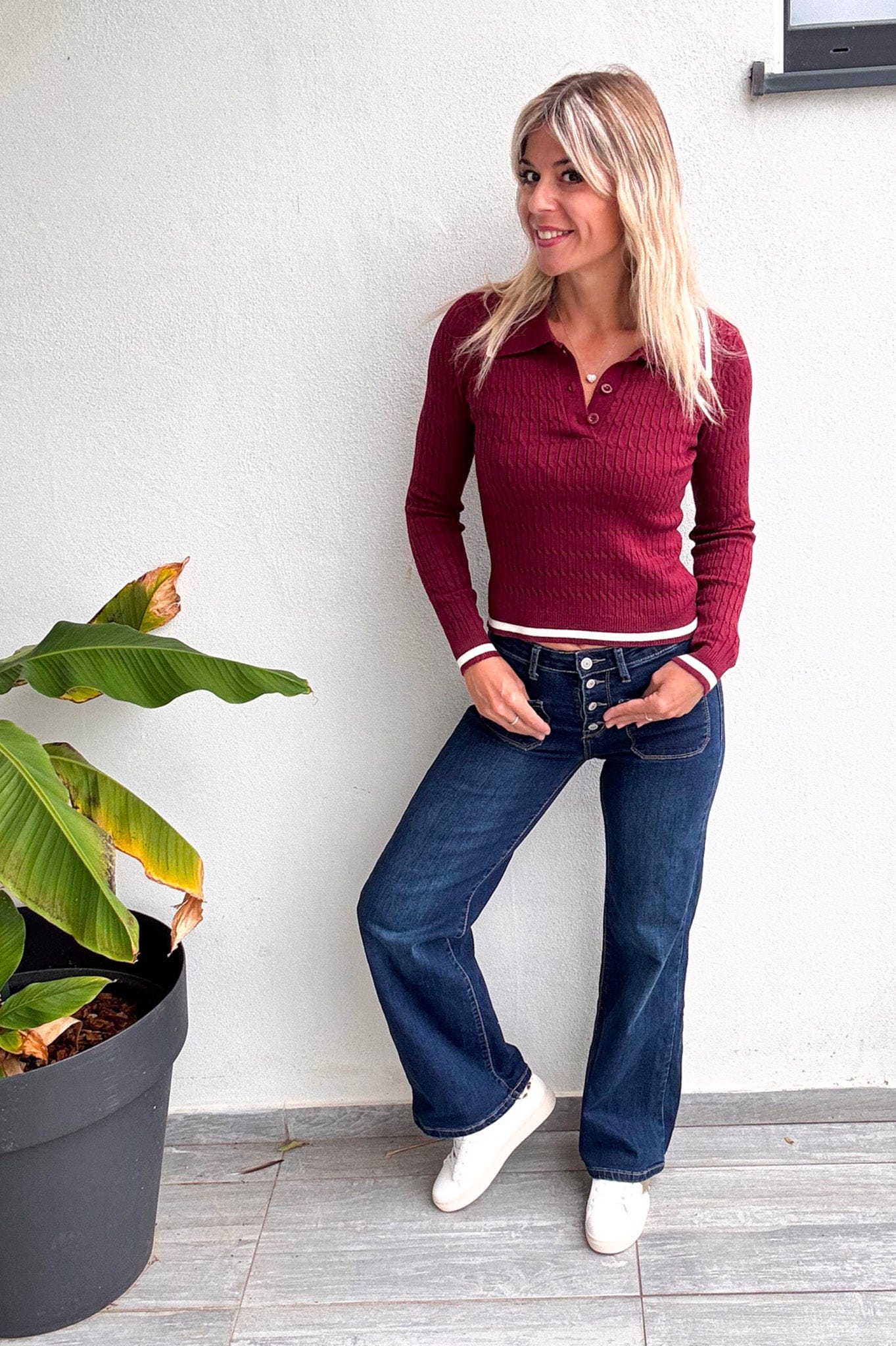 Pull fin bordeaux avec col à revers femme