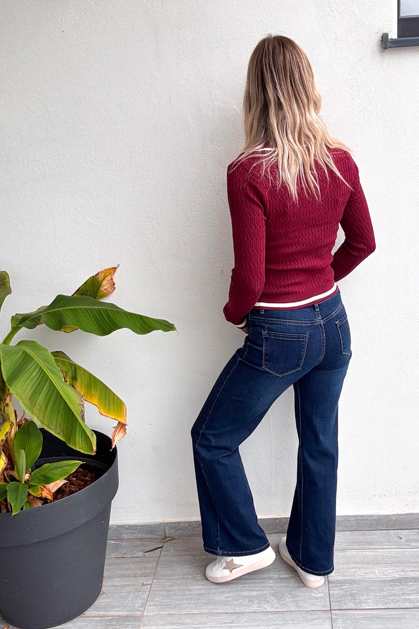 Pull fin bordeaux avec col à revers femme