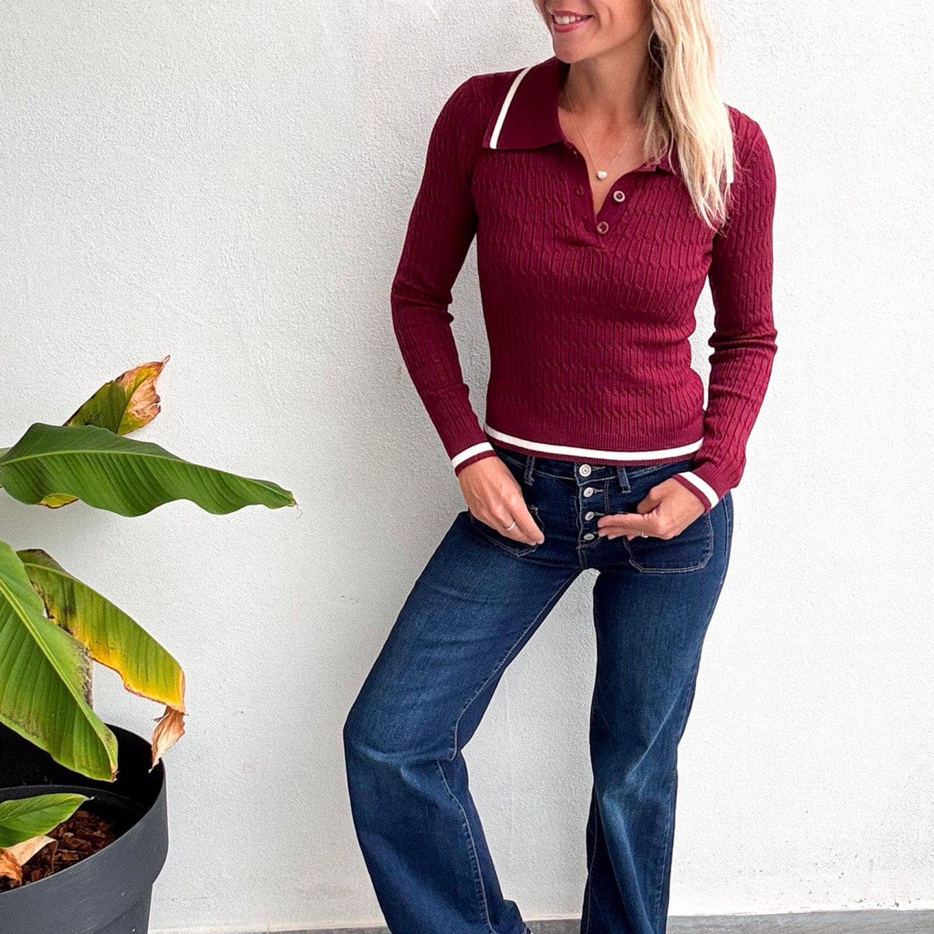 Pull fin bordeaux avec col à revers femme