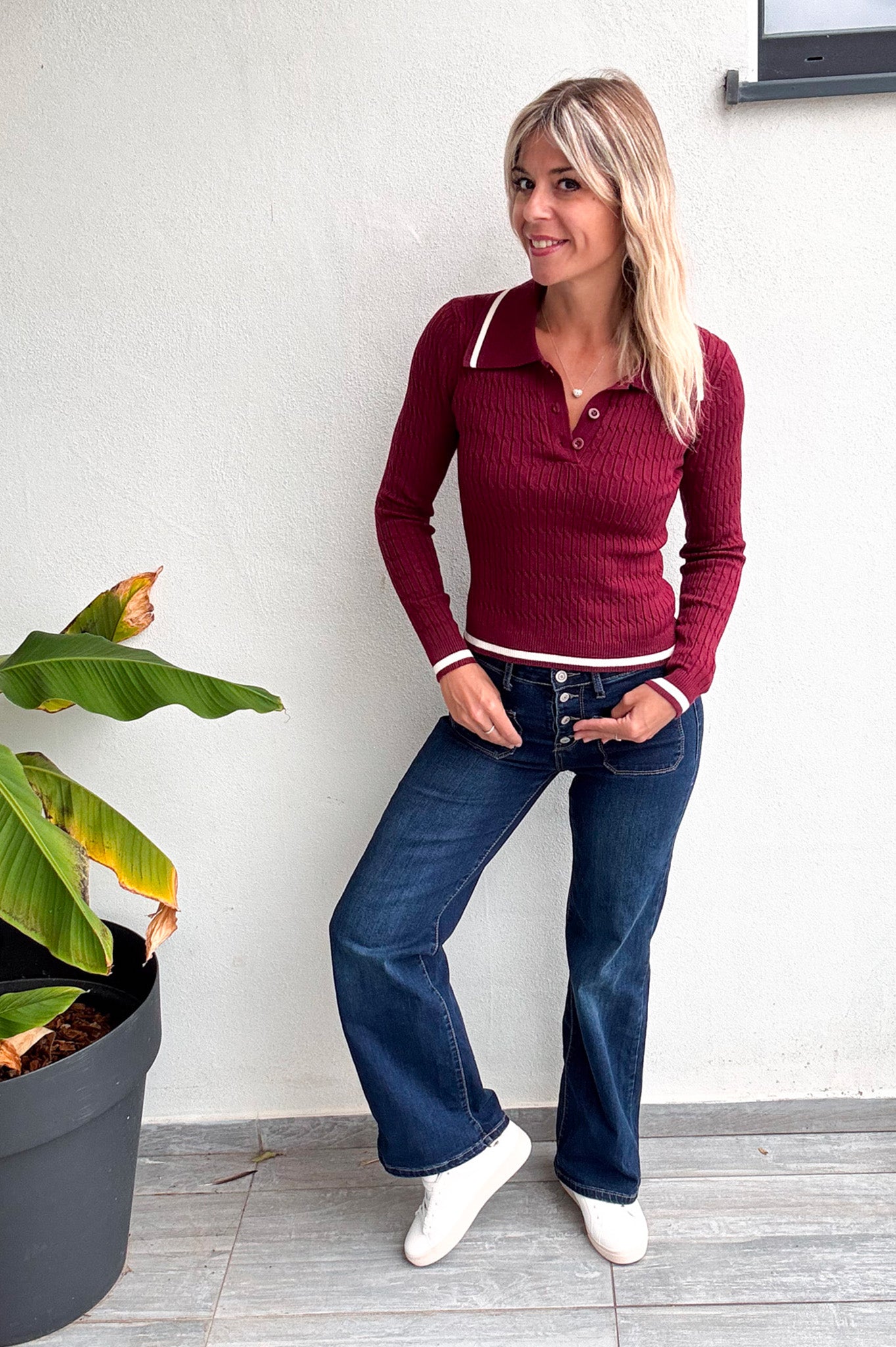 Pull fin bordeaux avec col à revers femme