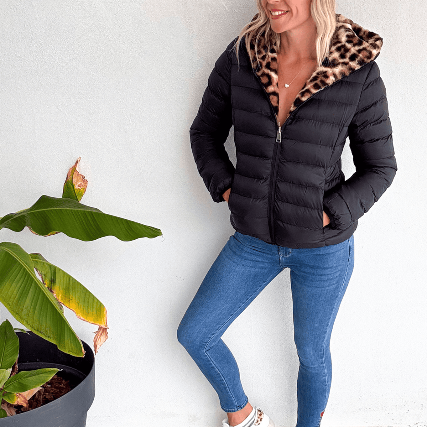 Doudoune réversible noir intérieur fourrure léopard