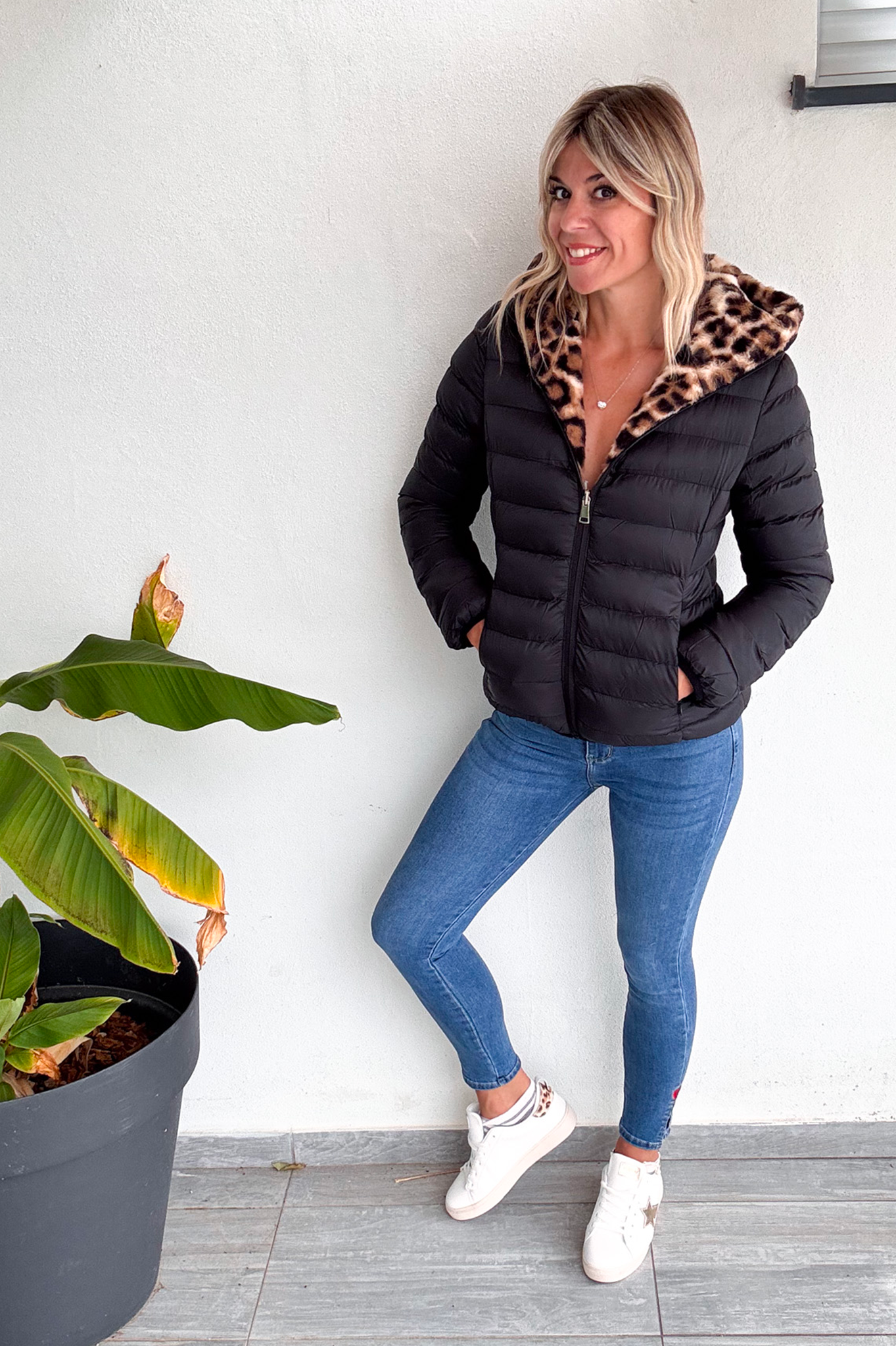 Doudoune réversible noir intérieur fourrure léopard