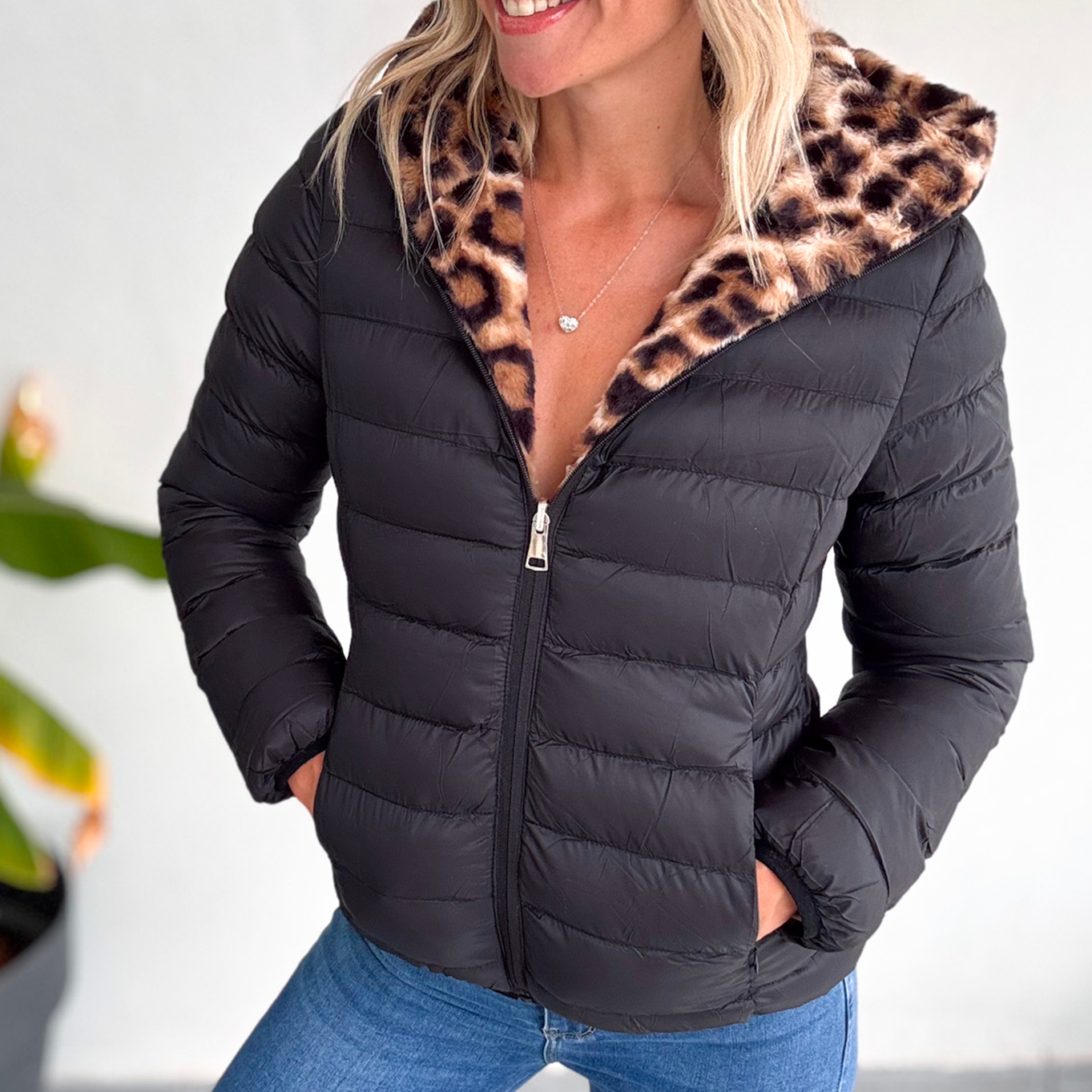 Doudoune réversible noir intérieur fourrure léopard la boutique de lydie