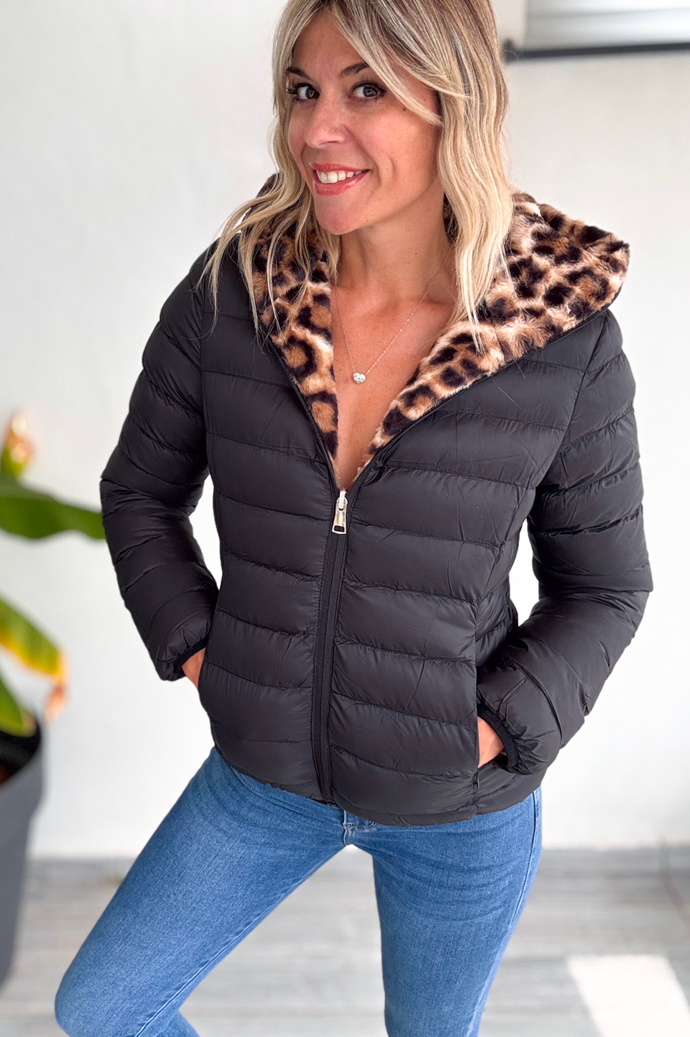Doudoune réversible noir intérieur fourrure léopard la boutique de lydie