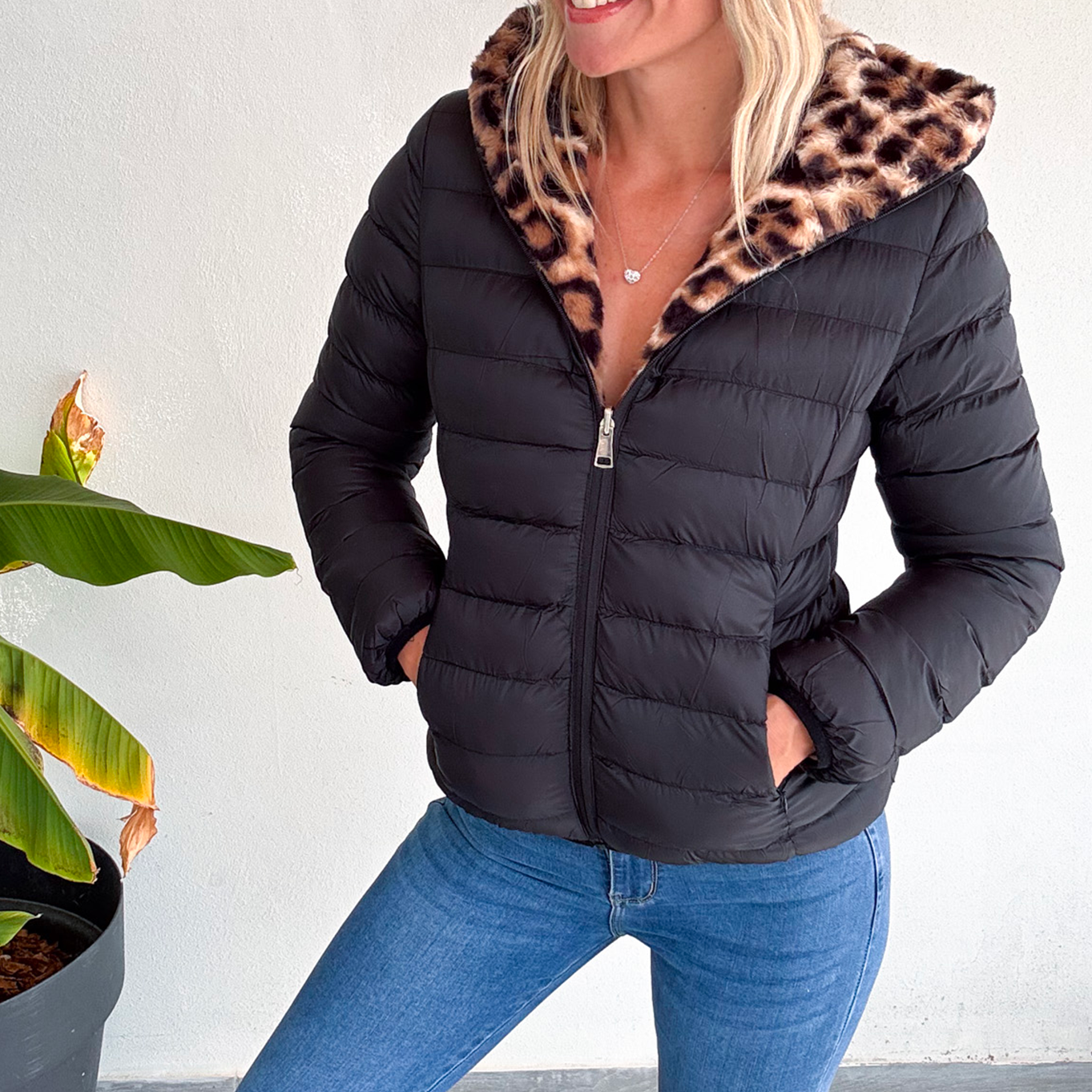 Doudoune réversible noir intérieur fourrure léopard