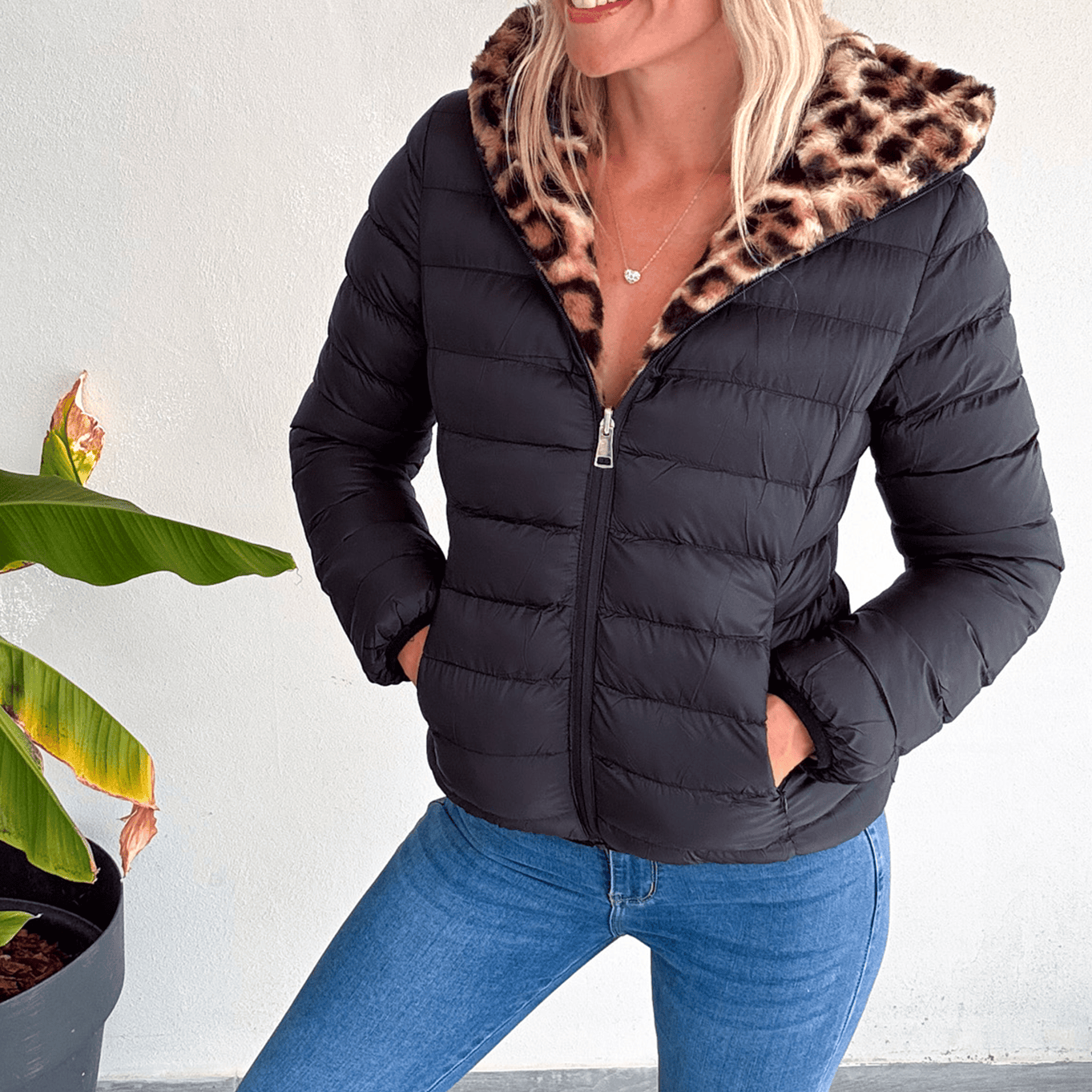 Doudoune réversible noir intérieur fourrure léopard