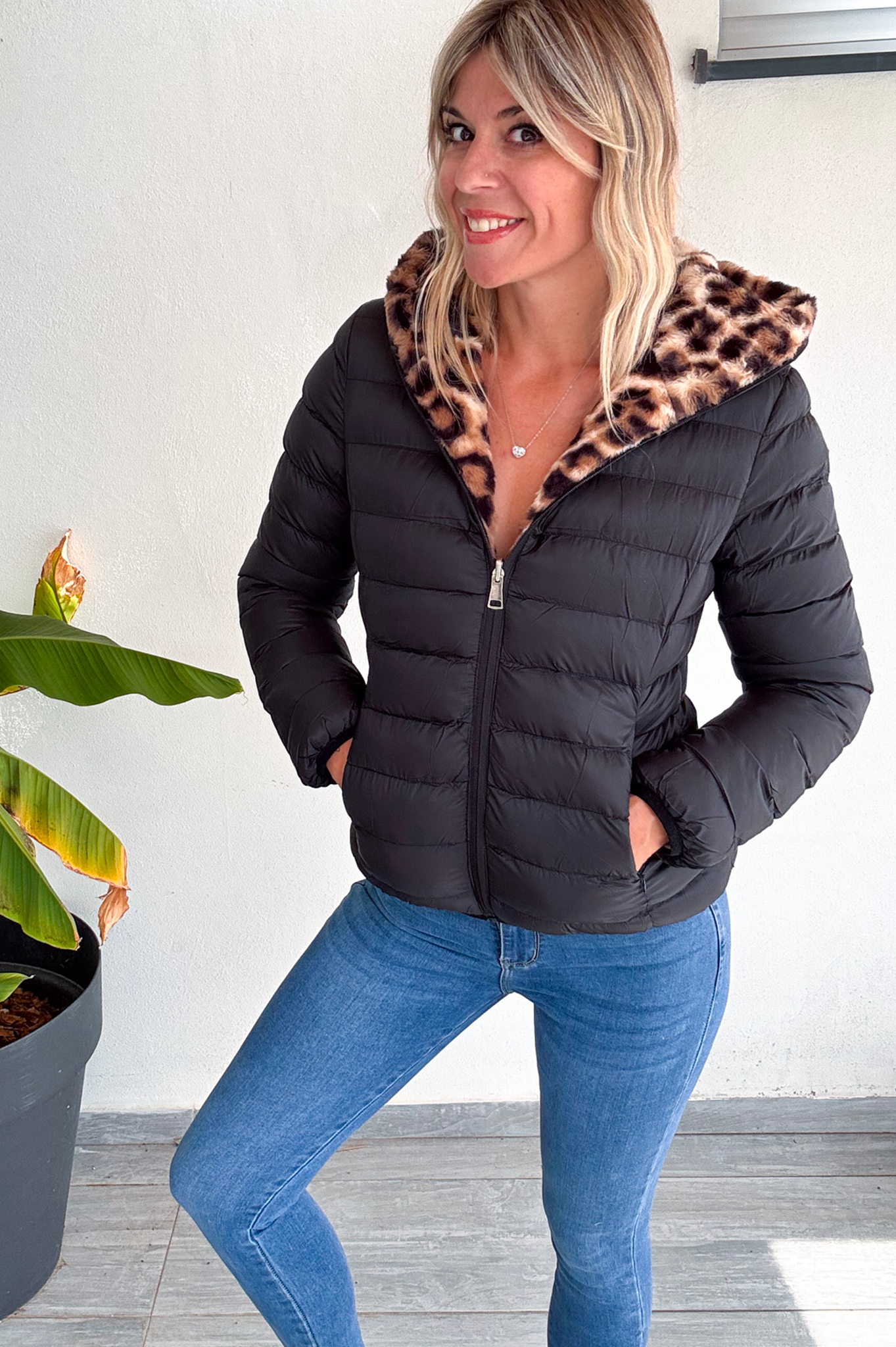 Doudoune réversible noir intérieur fourrure léopard