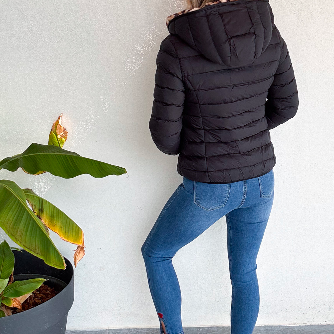 Doudoune réversible noir intérieur fourrure léopard