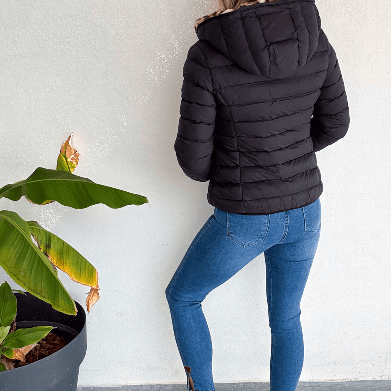 Doudoune réversible noir intérieur fourrure léopard