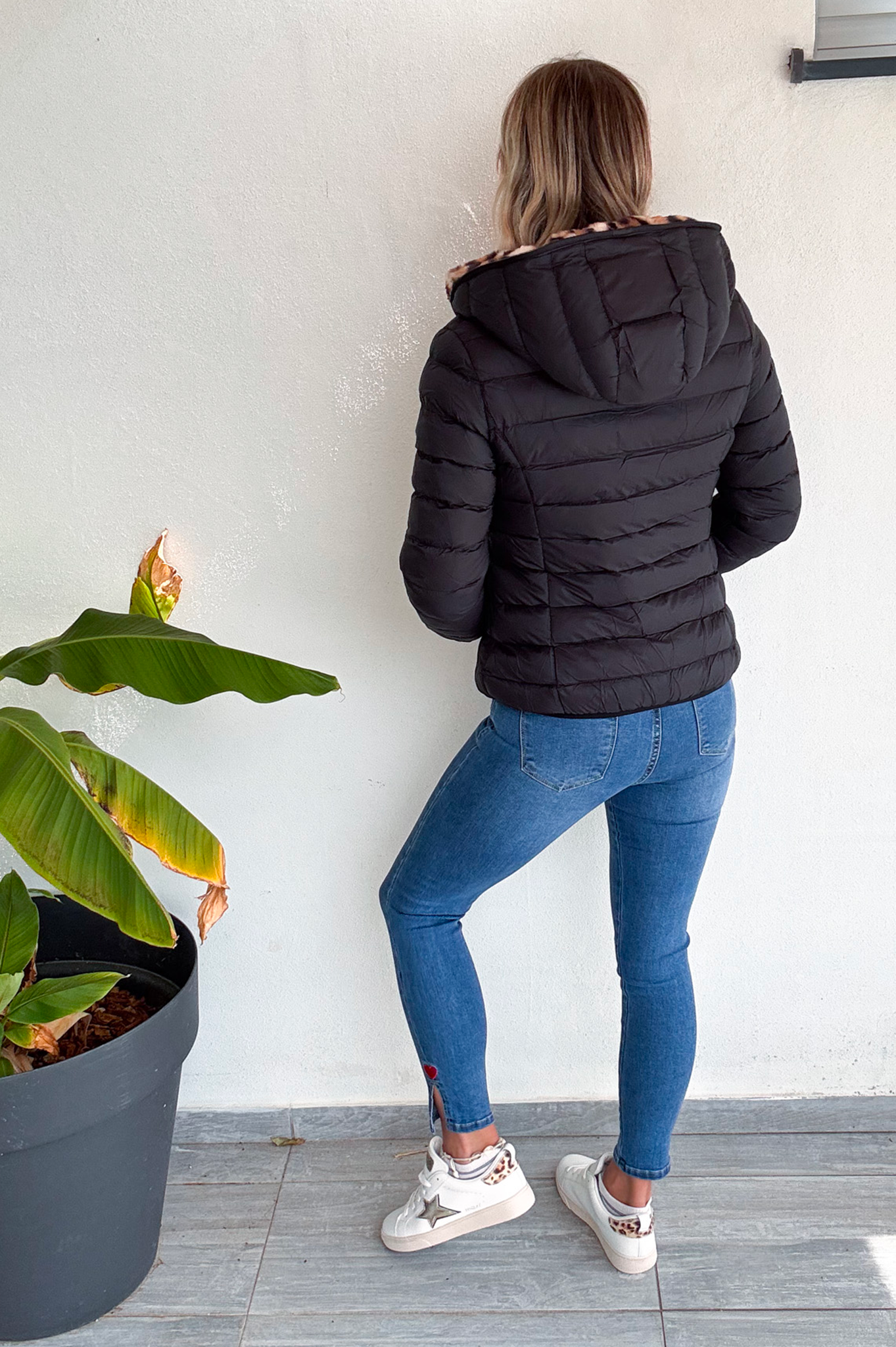 Doudoune réversible noir intérieur fourrure léopard