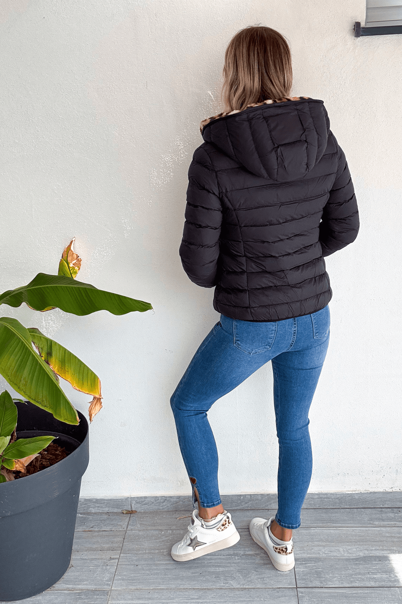 Doudoune réversible noir intérieur fourrure léopard