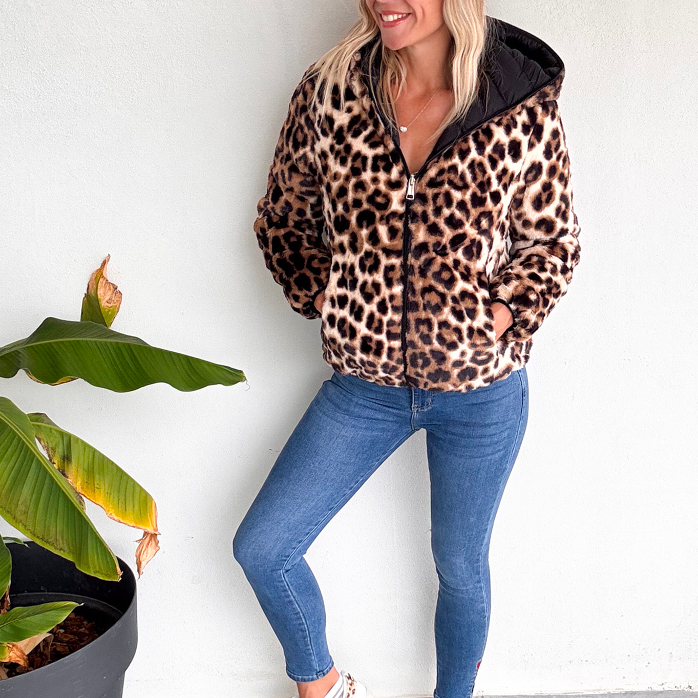 Doudoune réversible noir intérieur fourrure léopard