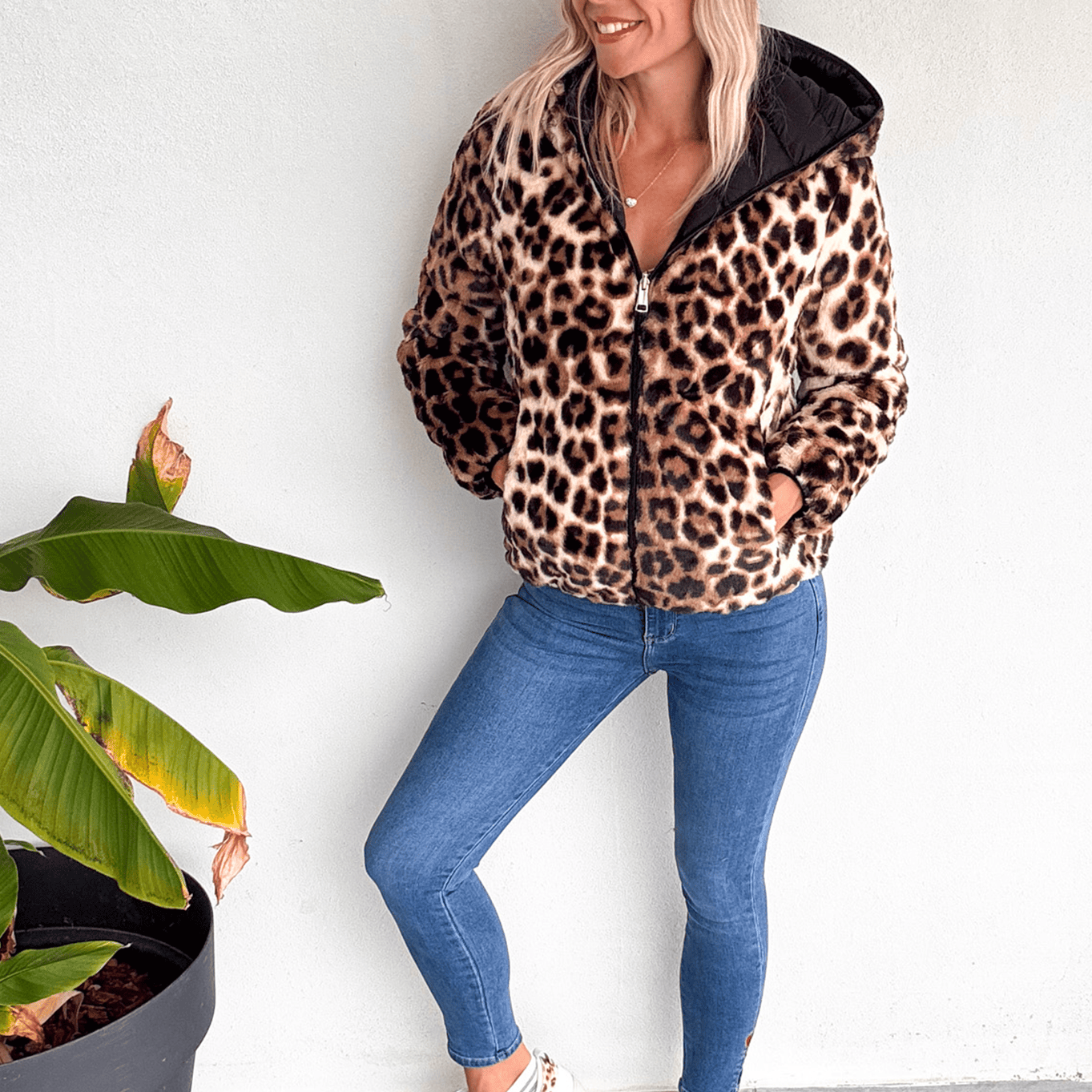 Doudoune réversible noir intérieur fourrure léopard