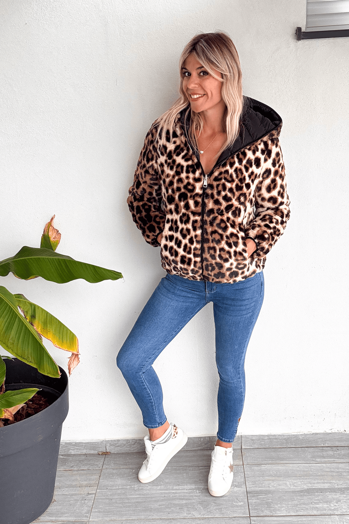 Doudoune réversible noir intérieur fourrure léopard