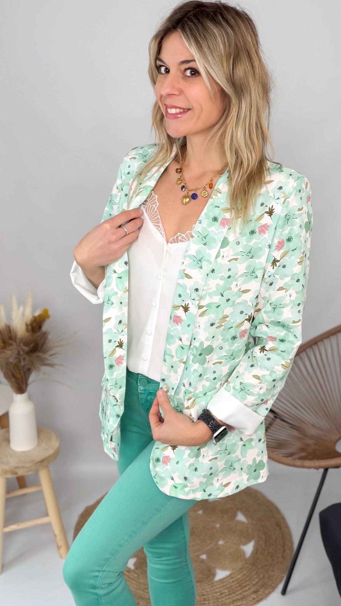 Blazer Fluide Fleuri Vert d'Eau femme la boutique de lydie