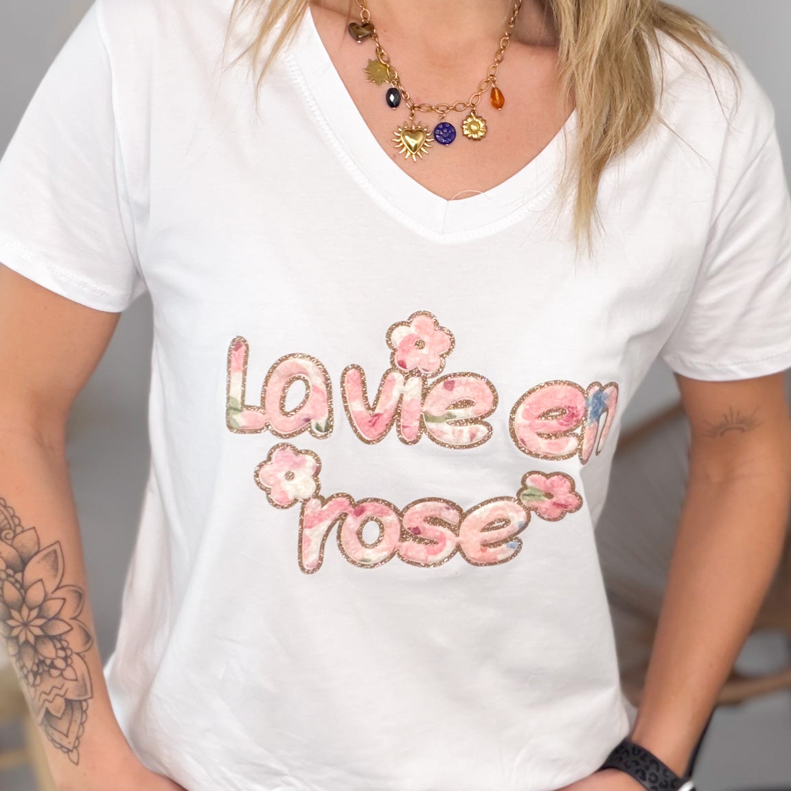 T-shirt Col V "La Vie en Rose" femme