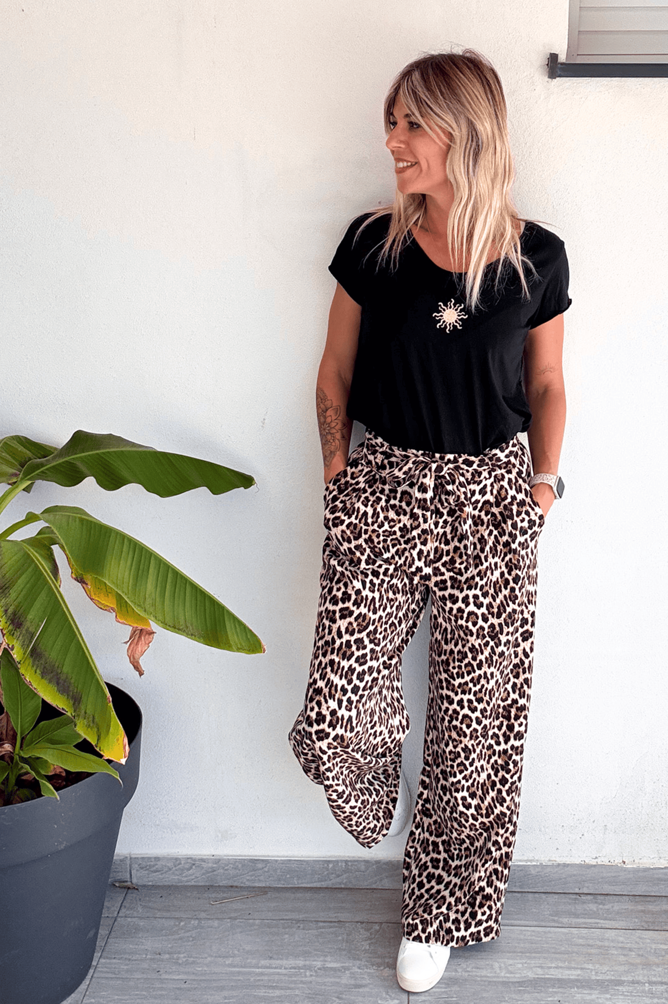 Pantalon large fluide léopard femme