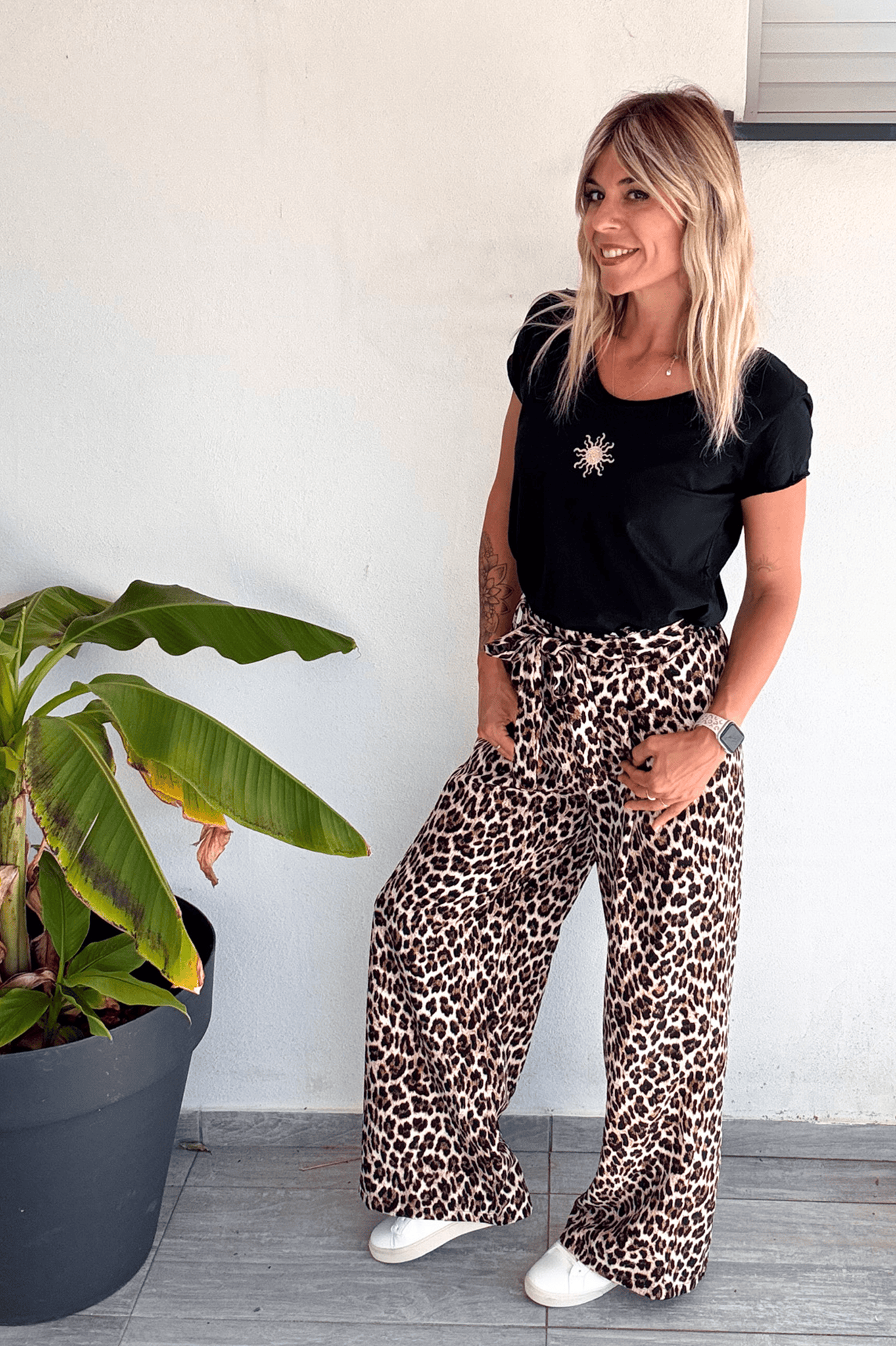Pantalon large fluide léopard femme
