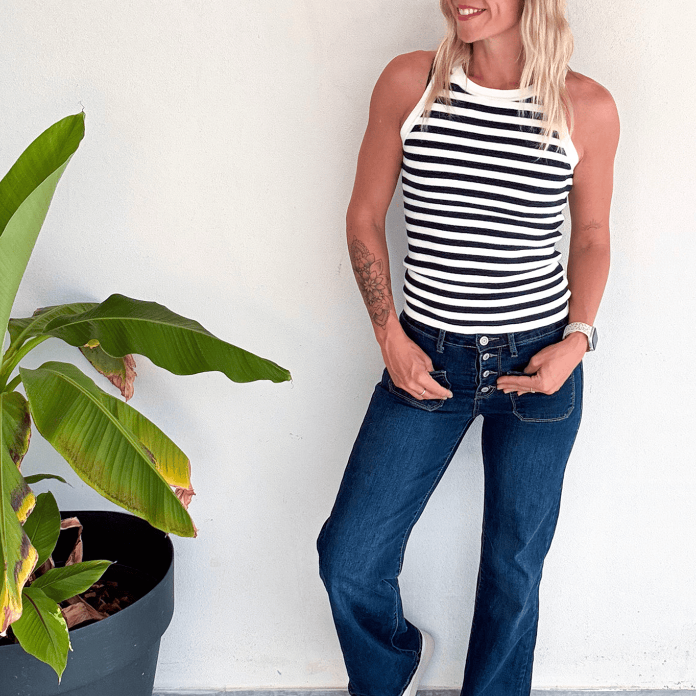 Débardeur marinière blanc rayé marine