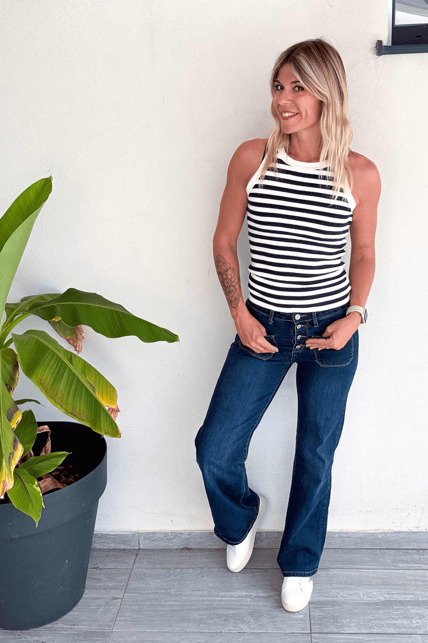 Débardeur marinière blanc rayé marine