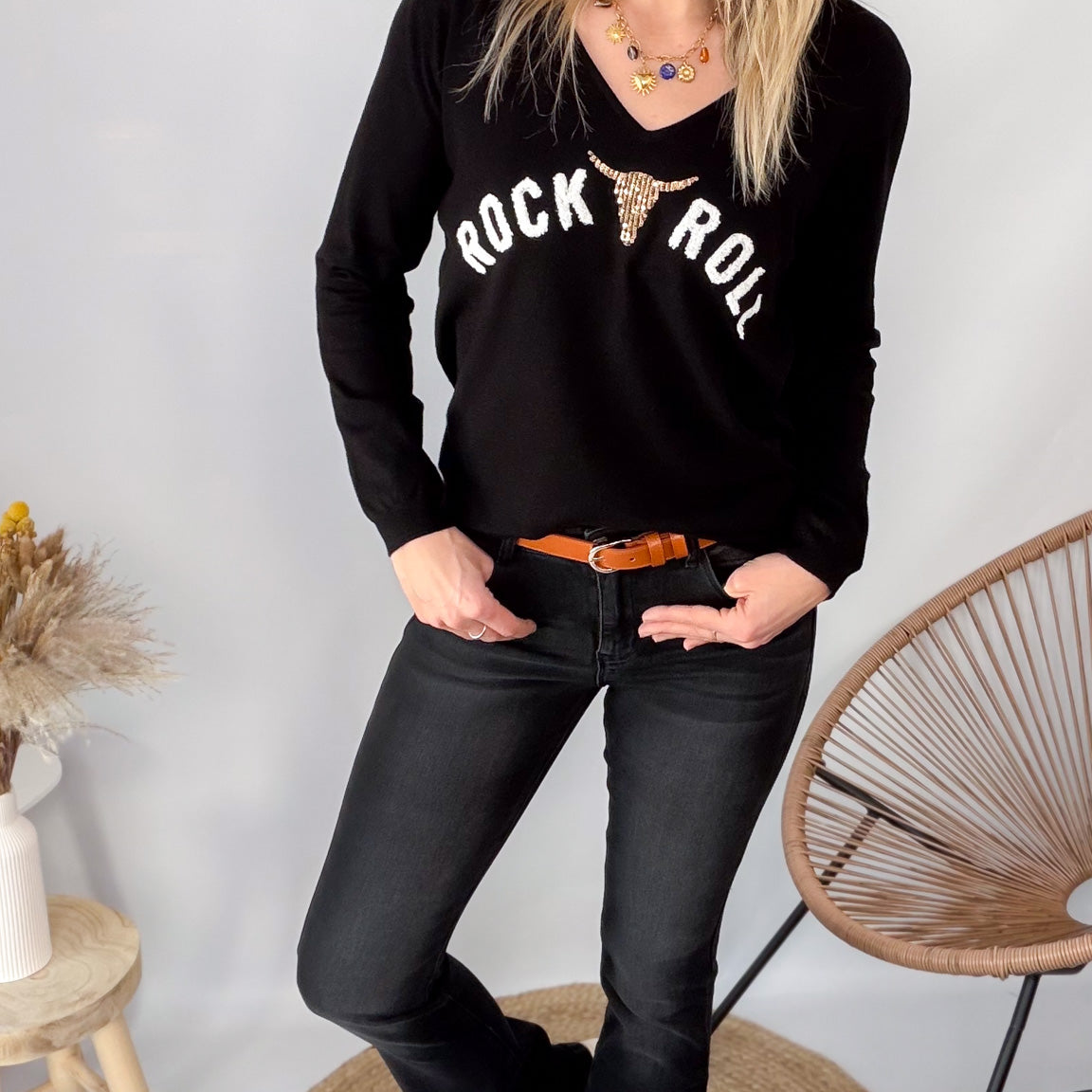 Pull Fin Noir "Rock & Roll" femme