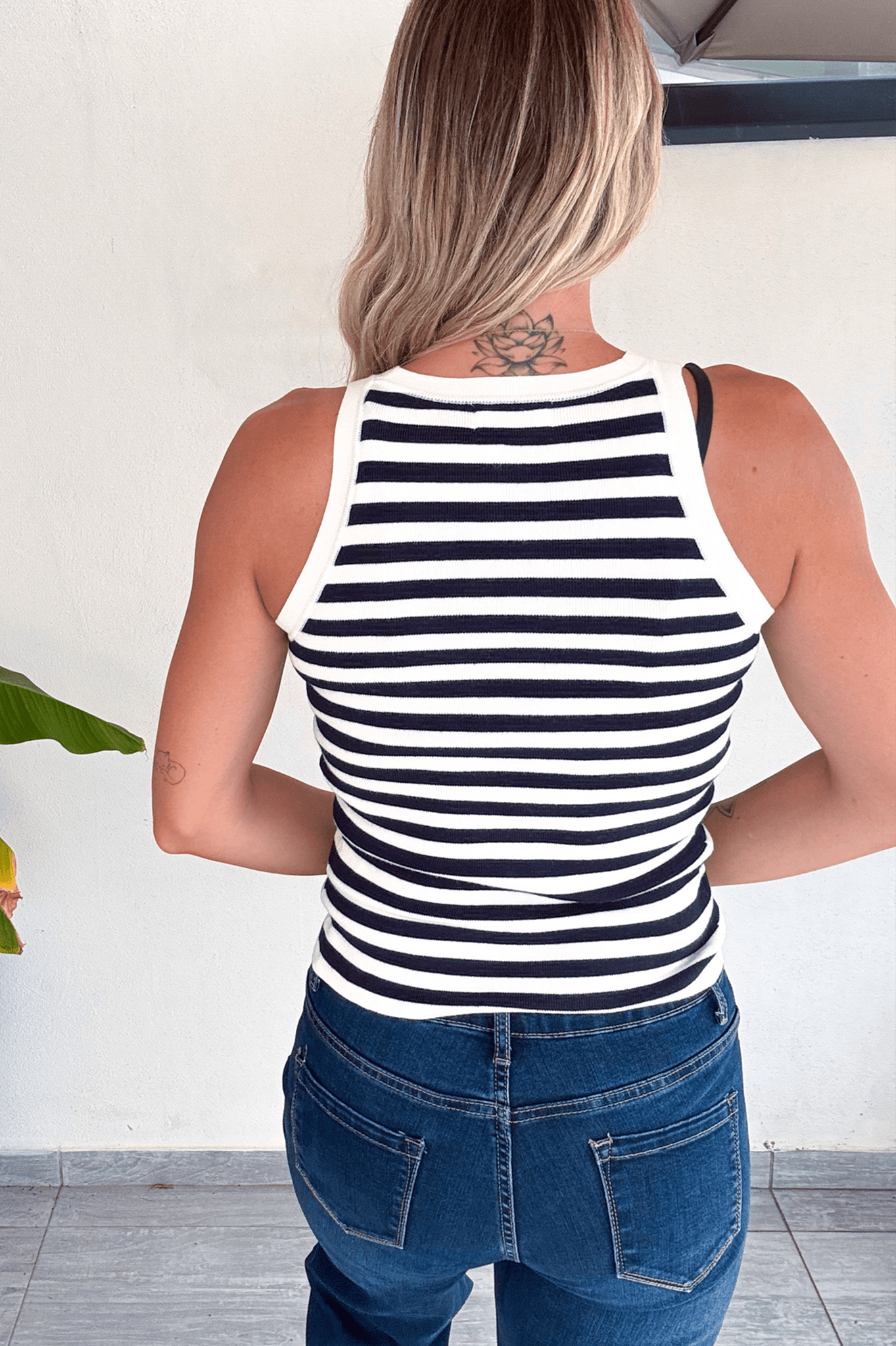 Débardeur marinière blanc rayé marine