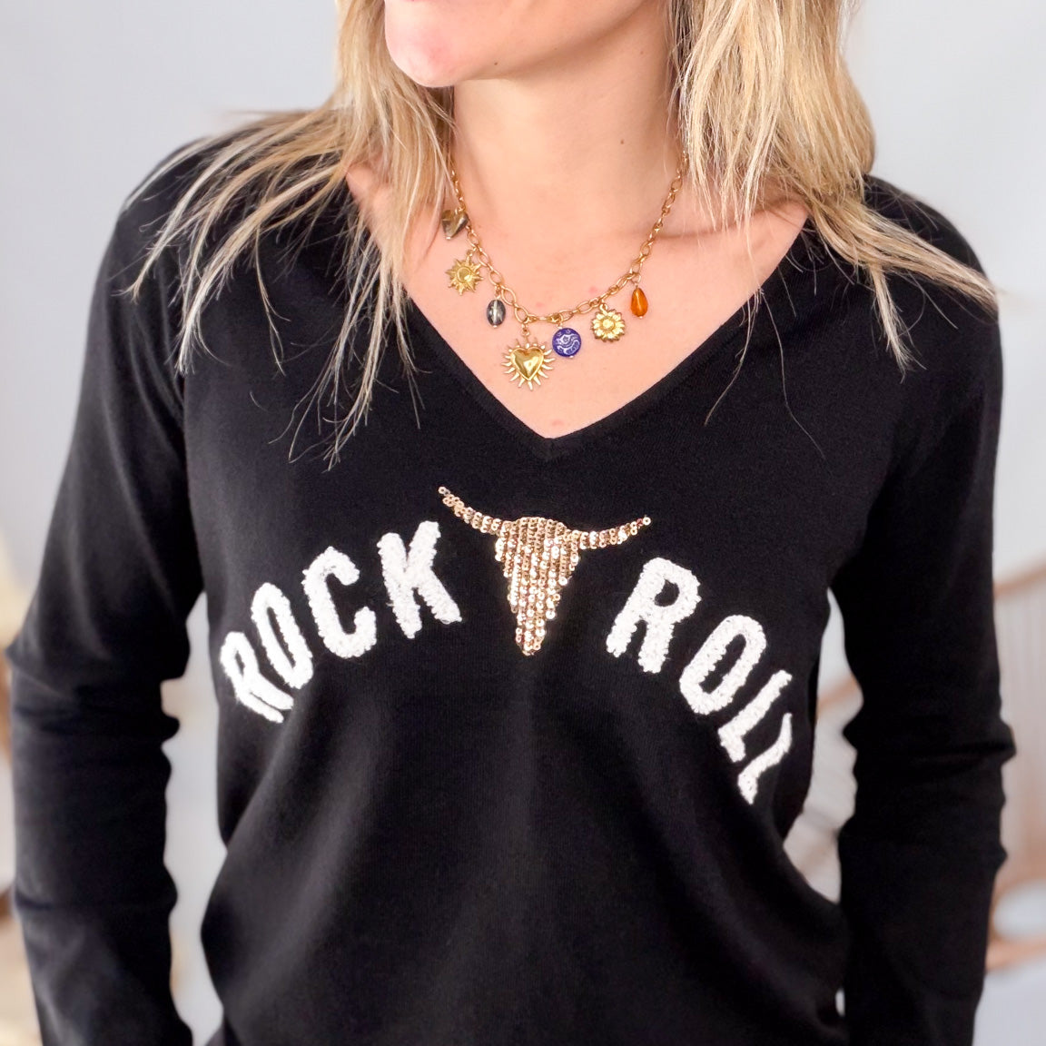 Pull Fin Noir "Rock & Roll" femme