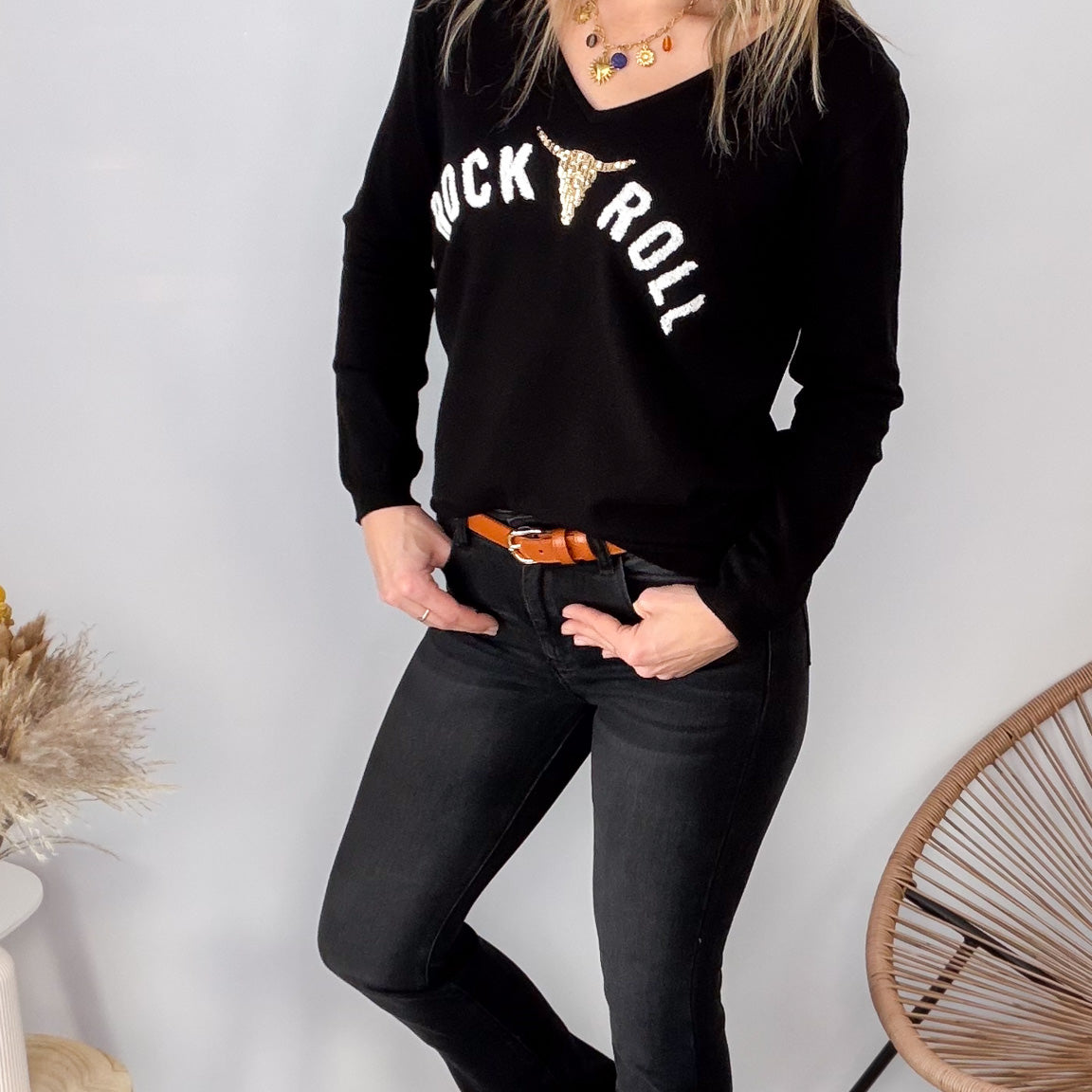 Pull Fin Noir "Rock & Roll" femme
