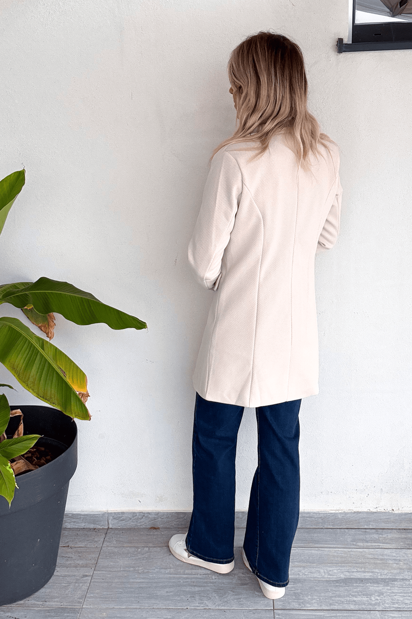 Manteau beige mi long, 4 boutons femme