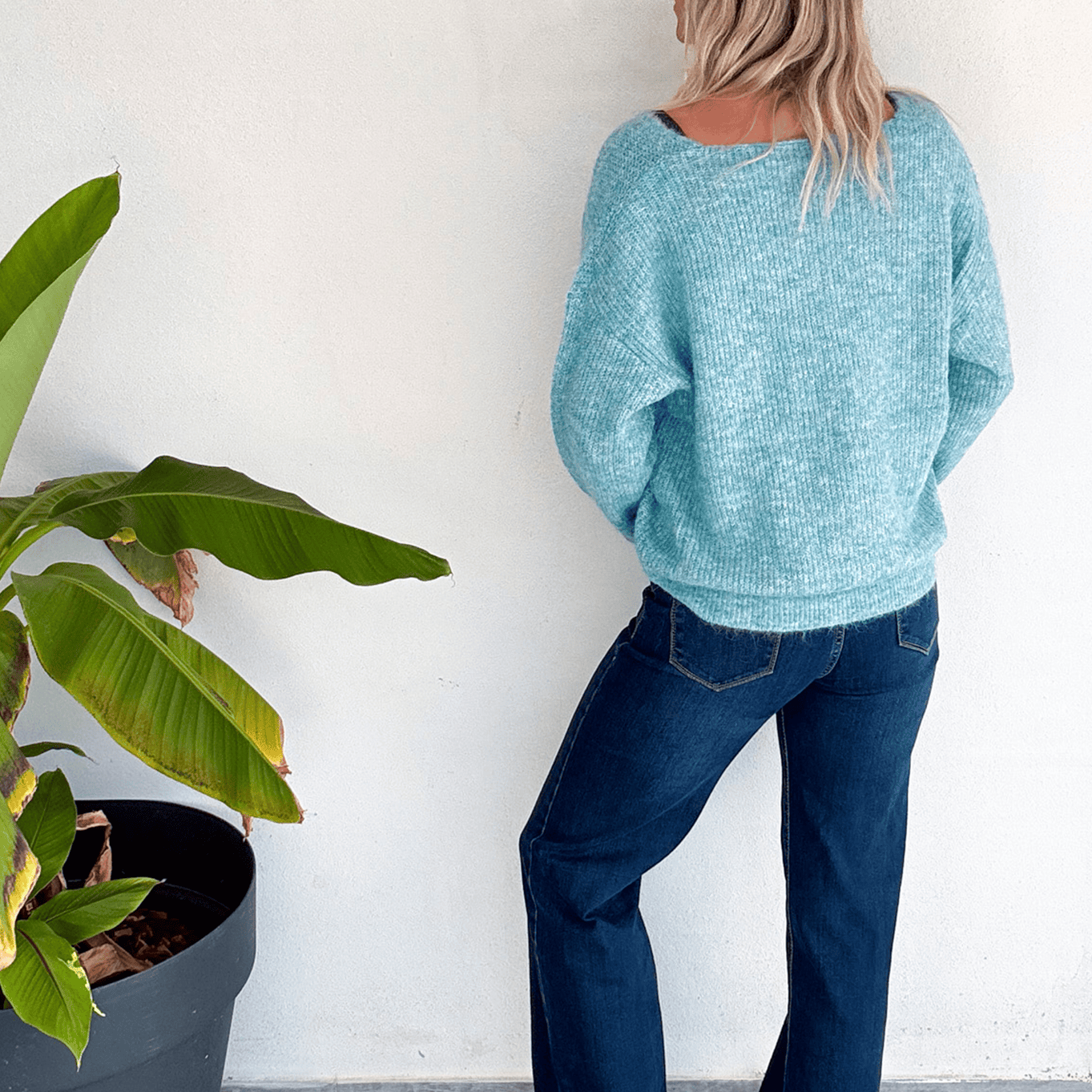 Pull vert col V femme