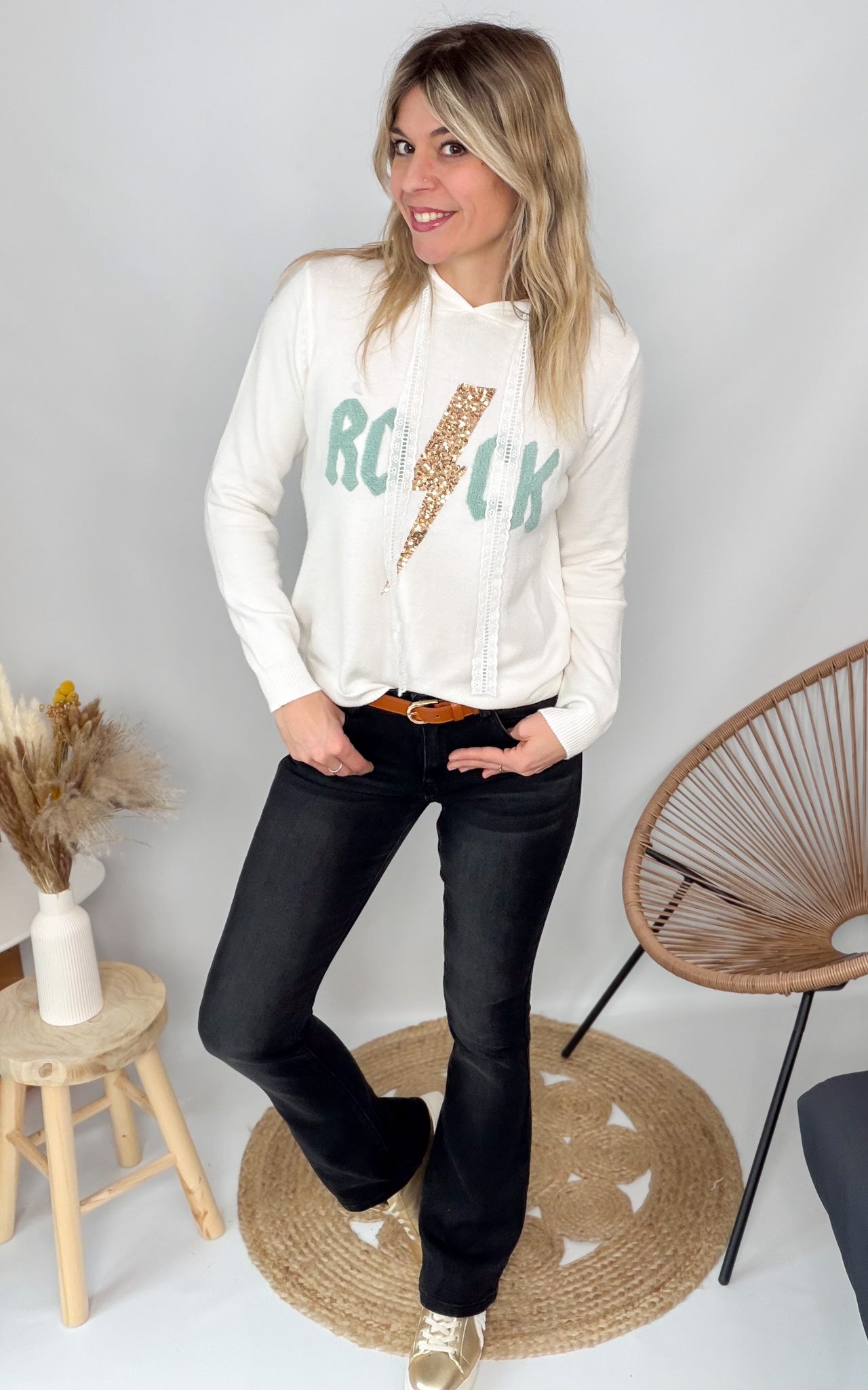 sweat ecru vert d'eau rock femme