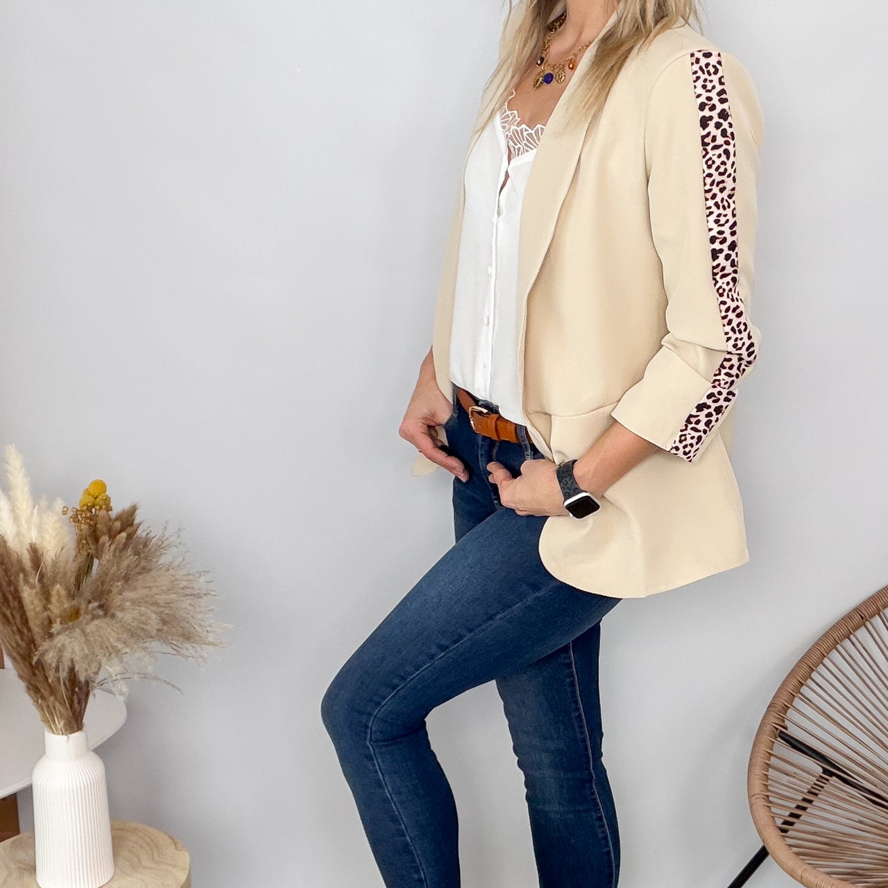 Blazer beige bande léopard mi-long