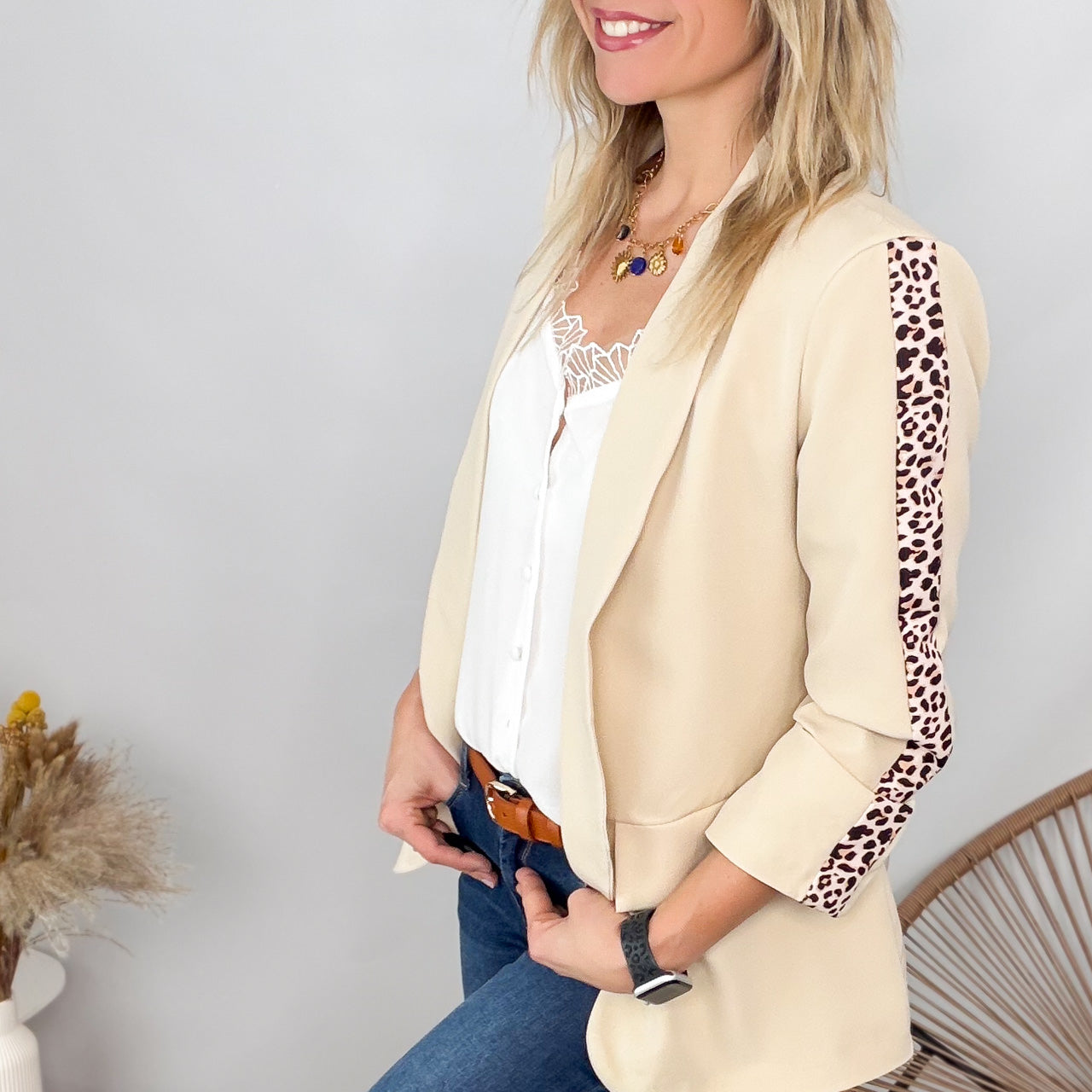 Blazer beige bande léopard mi-long femme