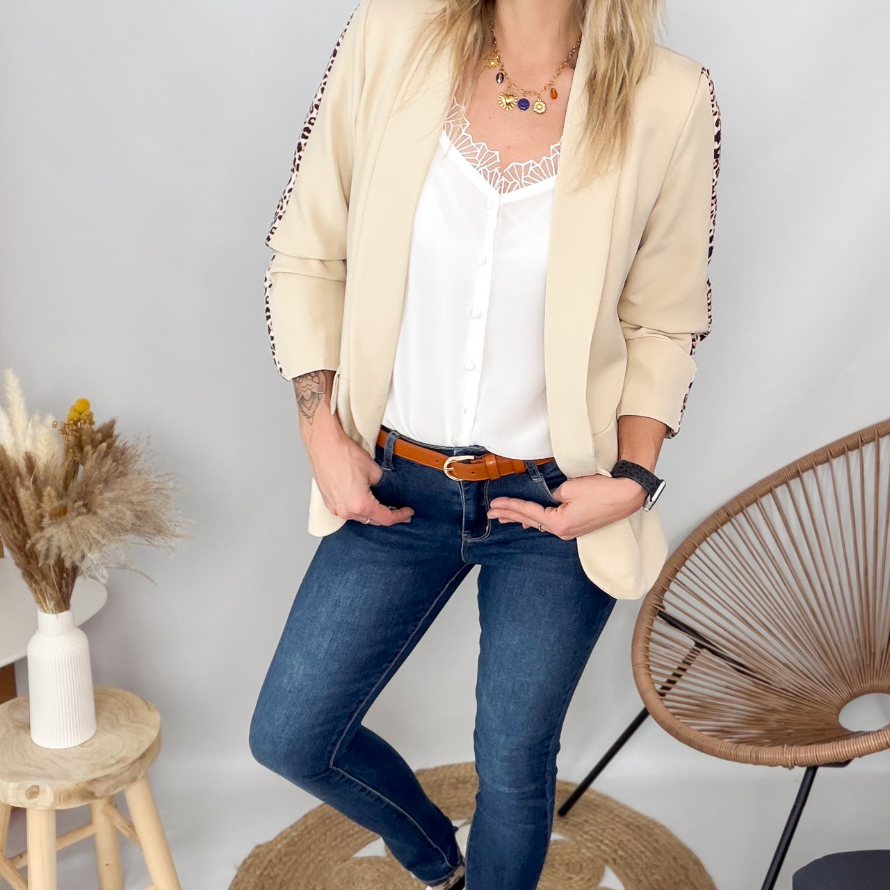 Blazer beige bande léopard mi-long la boutique de lydie