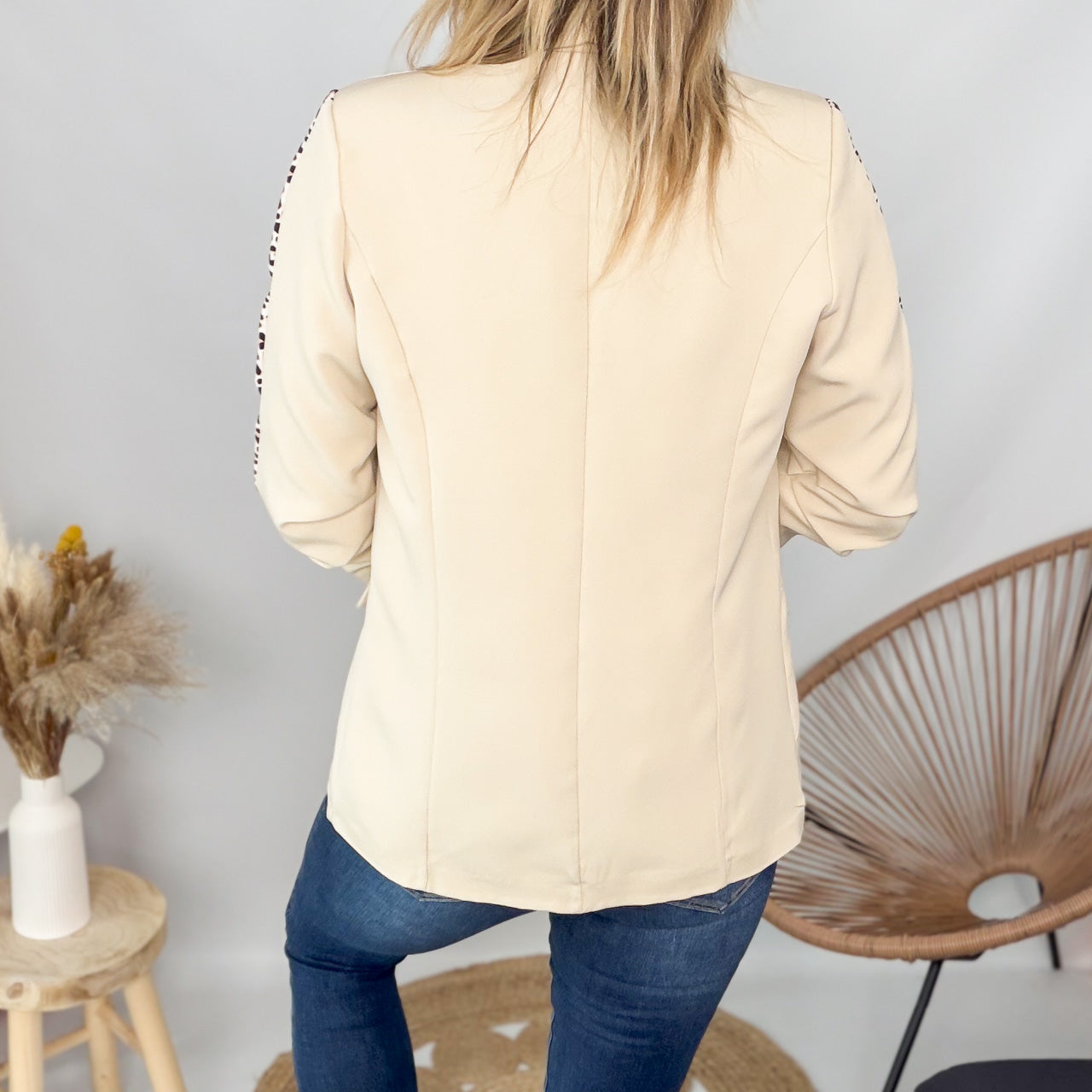 Blazer beige bande léopard mi-long