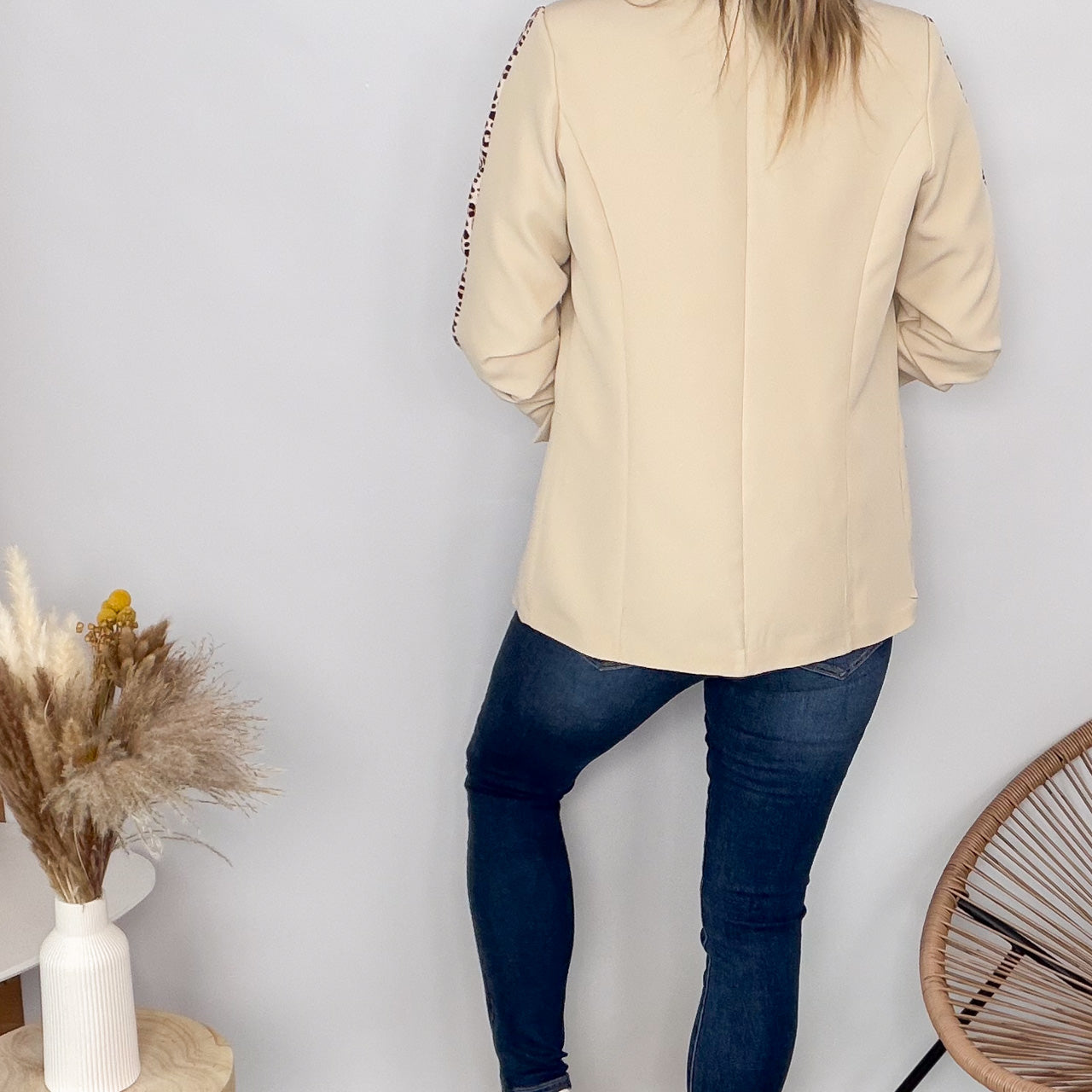 Blazer beige bande léopard mi-long