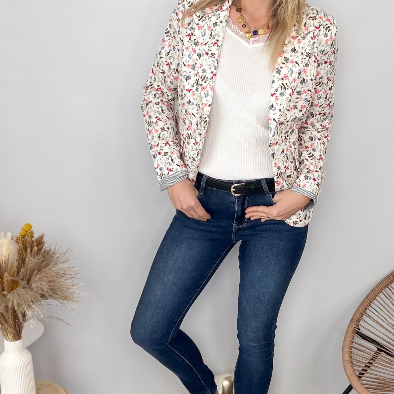 Blazer écru motif fleuri la boutique de lydie