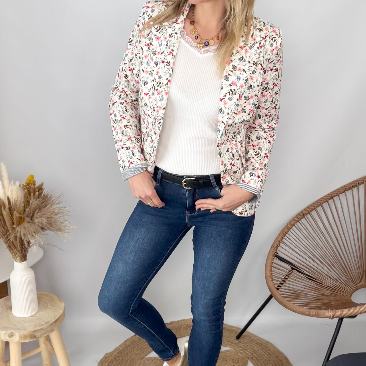 Blazer écru motif fleuri la boutique de lydie