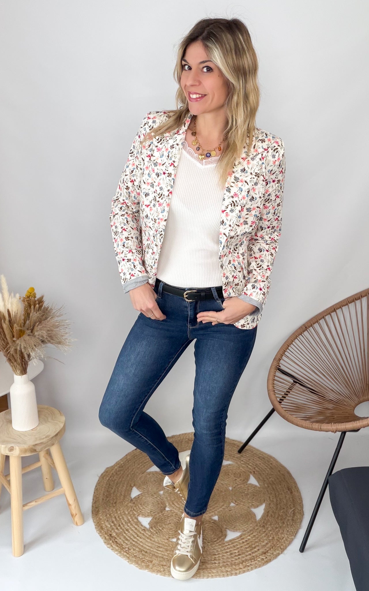 Blazer écru motif fleuri la boutique de lydie