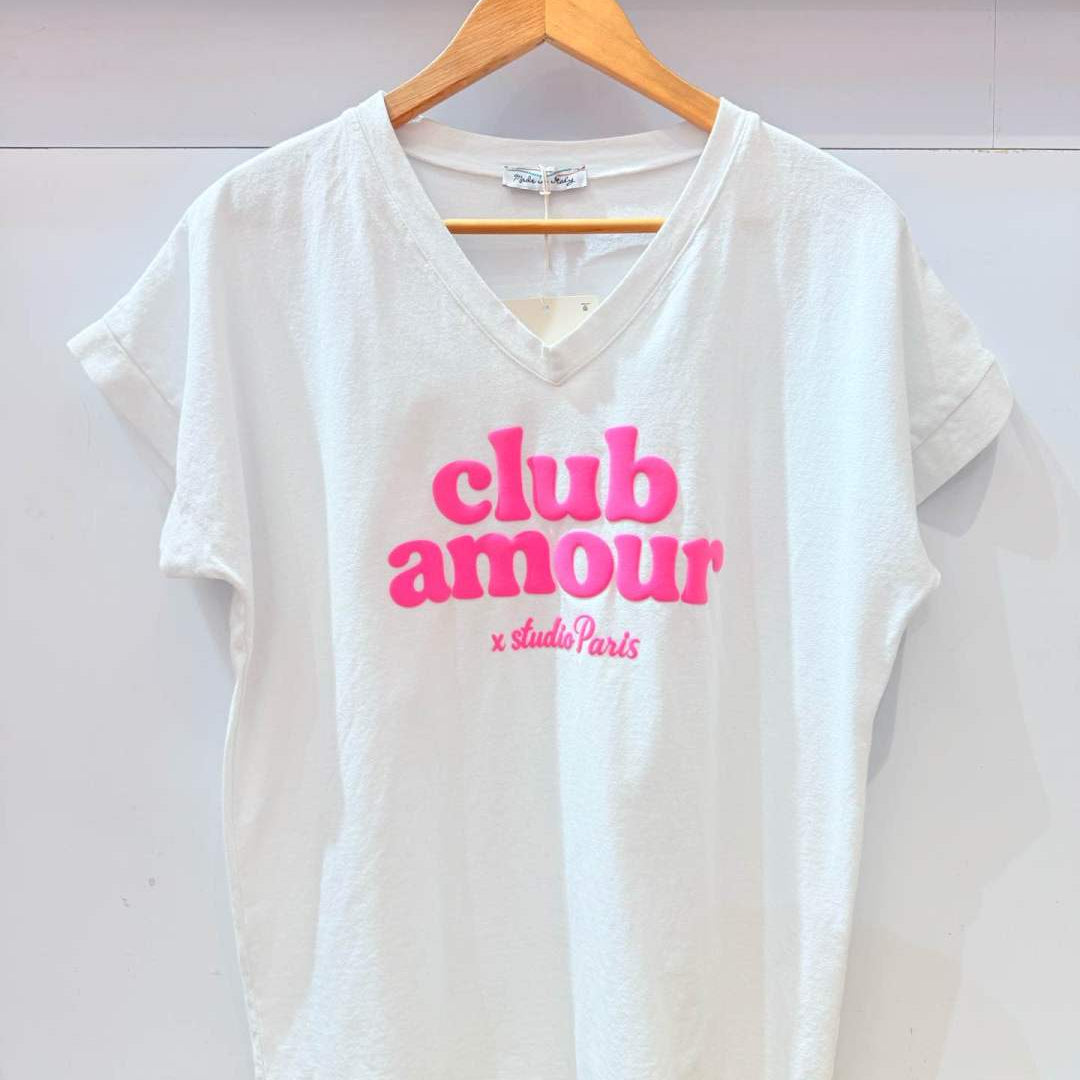 T-shirt blanc col V floqué "Club Amour" fuchsia - Grande Taille