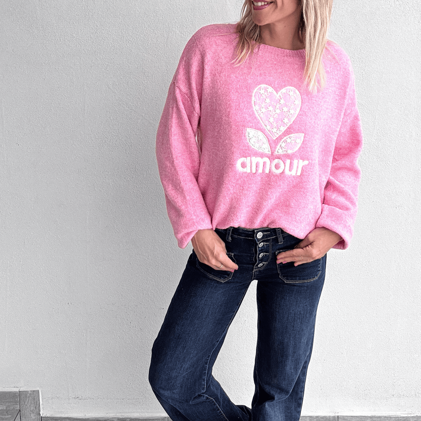 Pull rose, Amour avec fleurs coeur en dentelle la boutique de lydie