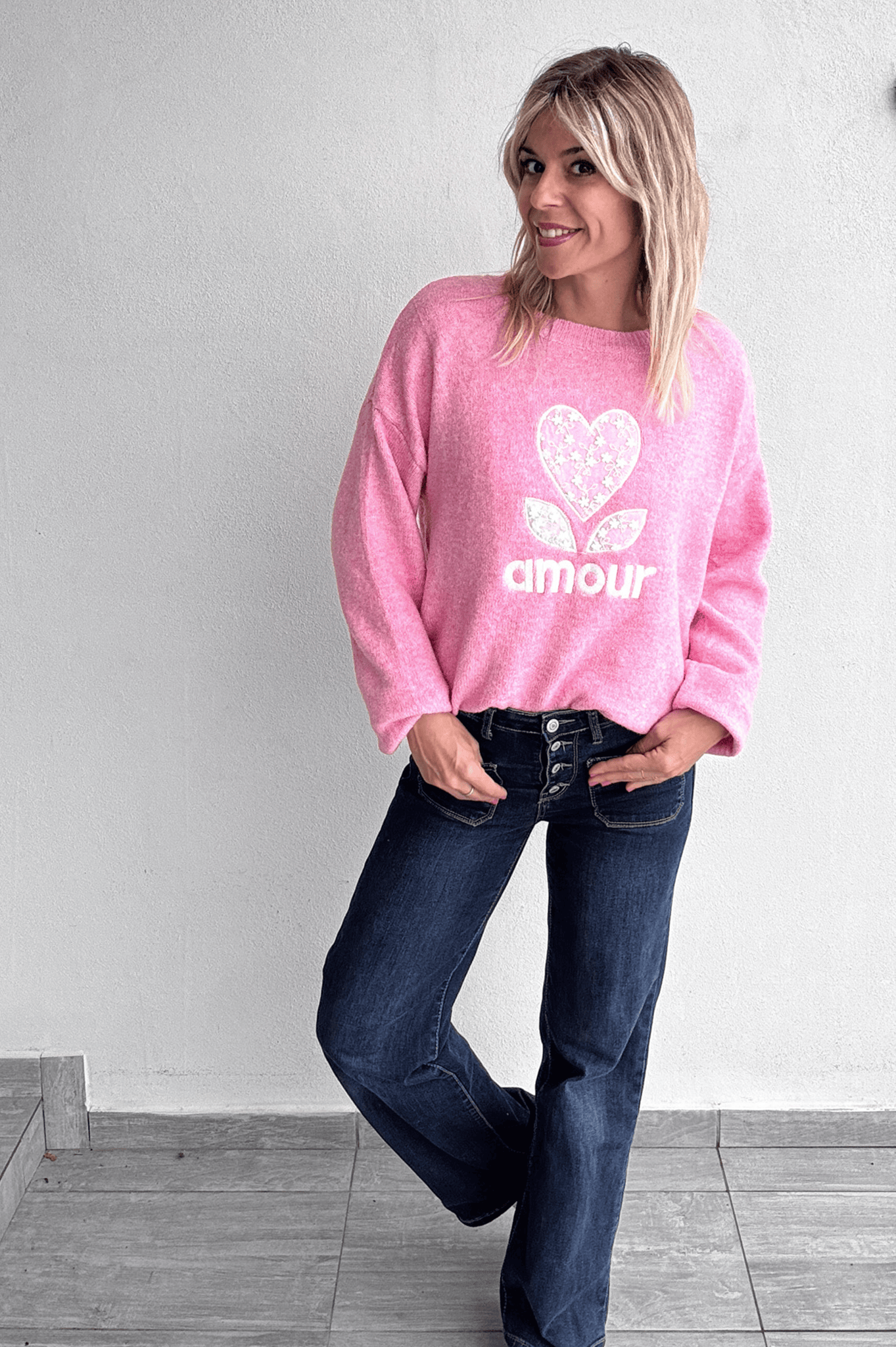 Pull rose, Amour avec fleurs coeur en dentelle la boutique de lydie